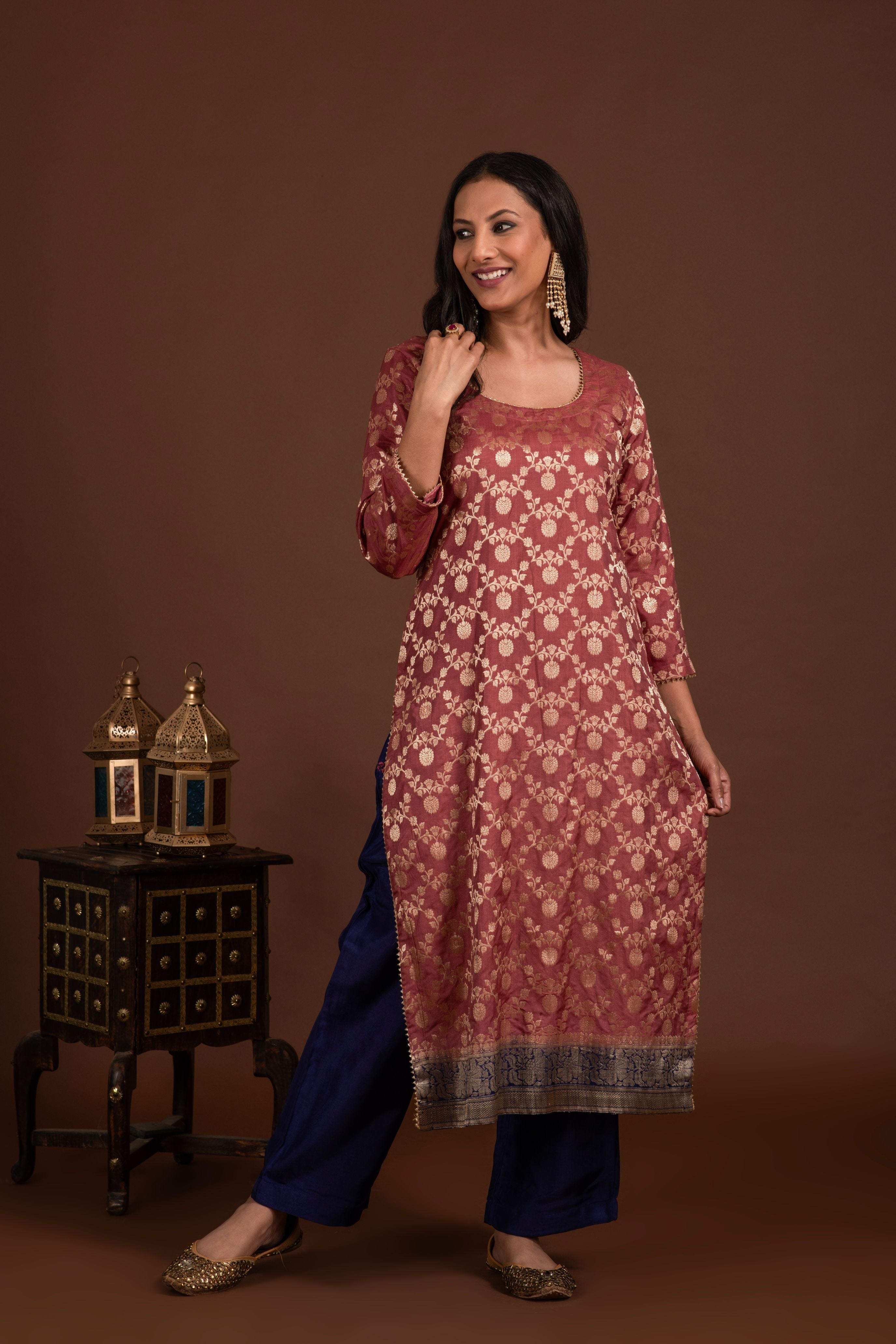 Banarasi weave kurta and dupatta with solid colour bottom