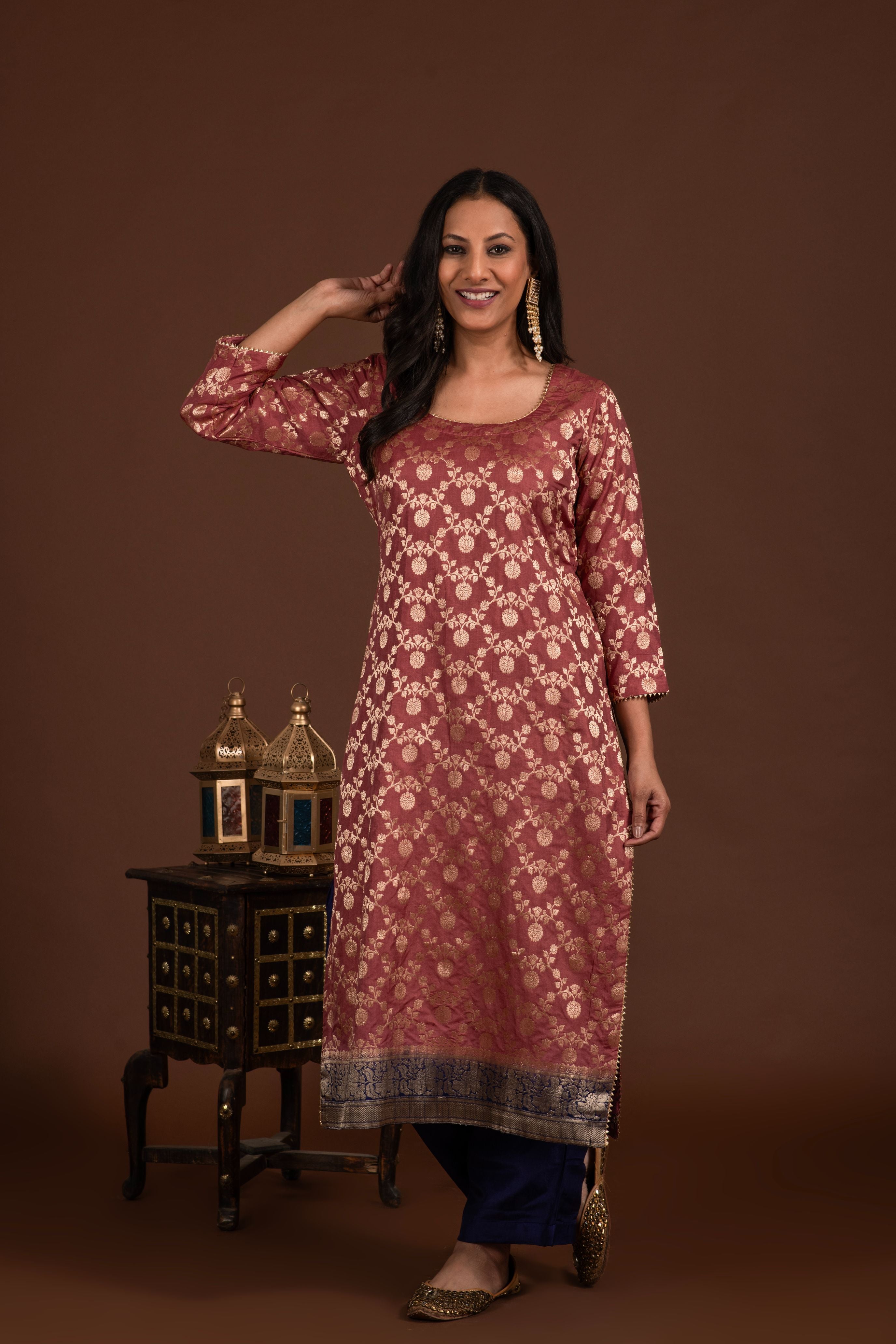Banarasi weave kurta and dupatta with solid colour bottom