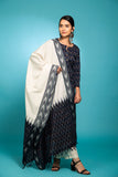 Black ikkat kurta with white bottom 3 piece suit set with contrast b/w/g ikkat dupatta IK12