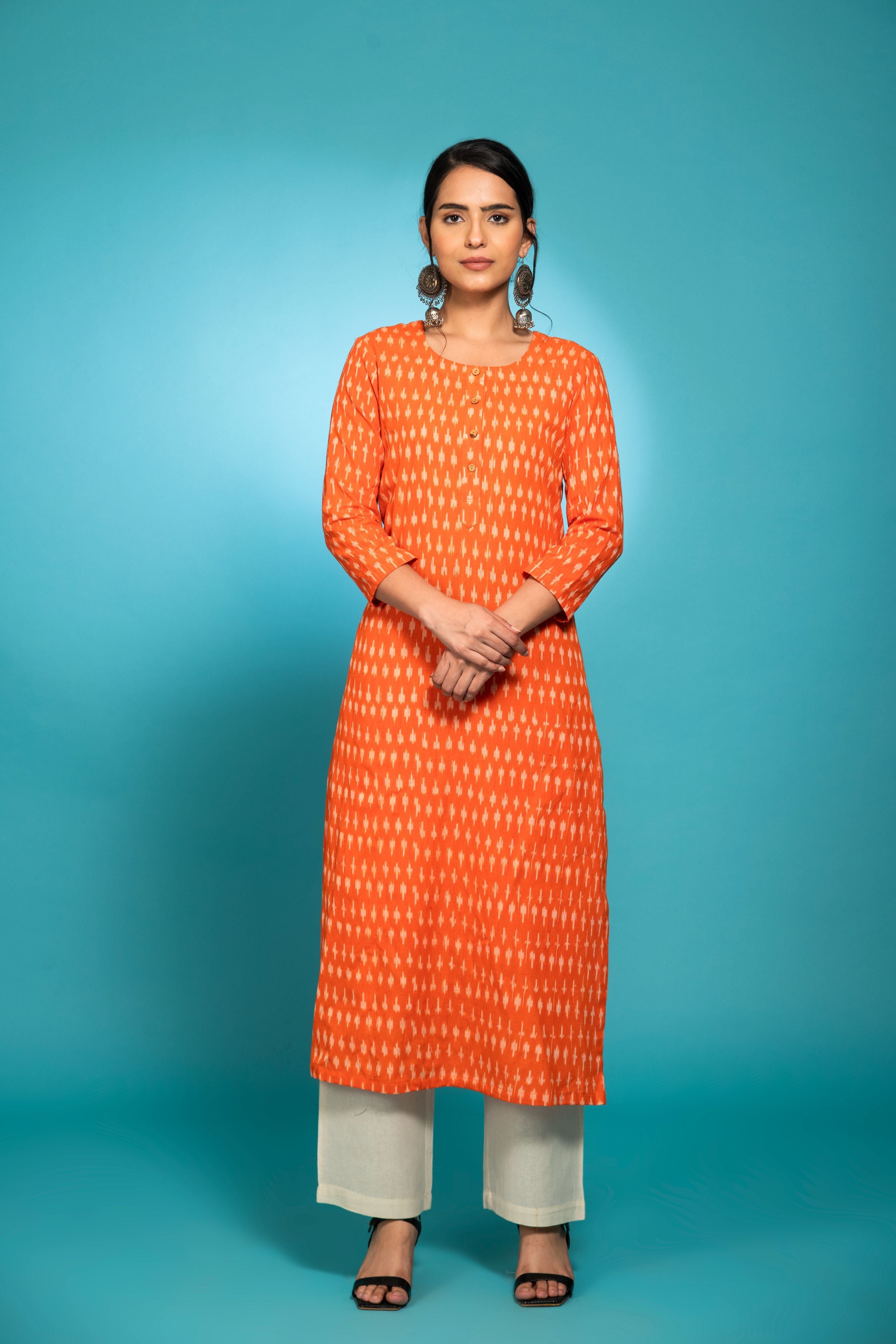 Orange ikkat kurta with white bottom 3 piece suit set with contrast o/w ikkat buttis all over dupatta IK10