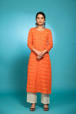 Orange ikkat kurta with white bottom 3 piece suit set with contrast o/w ikkat buttis all over dupatta IK10