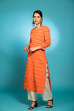 Orange ikkat kurta with white bottom 3 piece suit set with contrast o/w ikkat buttis all over dupatta IK10