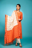 Orange ikkat kurta with white bottom 3 piece suit set with contrast o/w ikkat buttis all over dupatta IK10