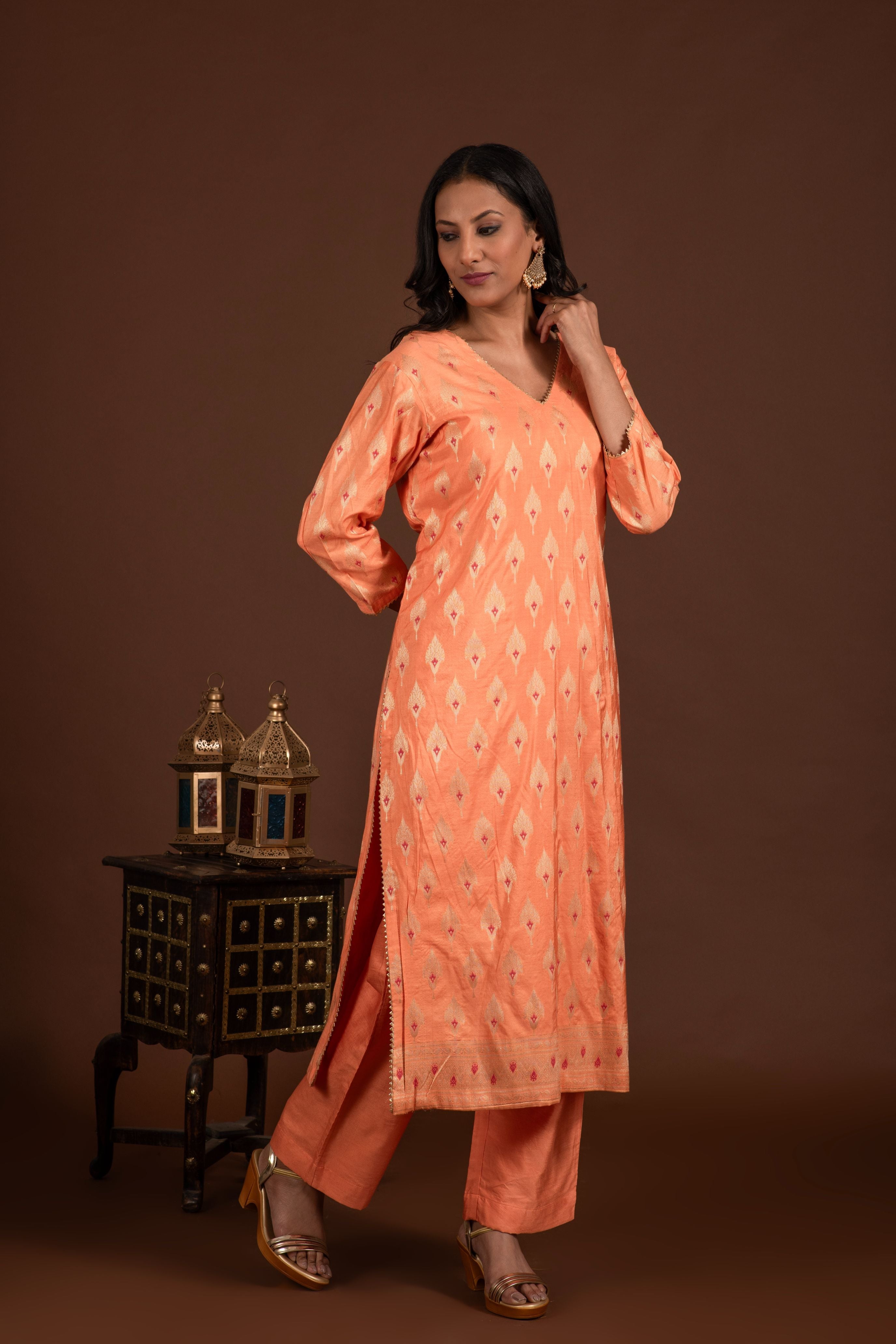 Banarasi weave kurta and dupatta with solid colour bottom