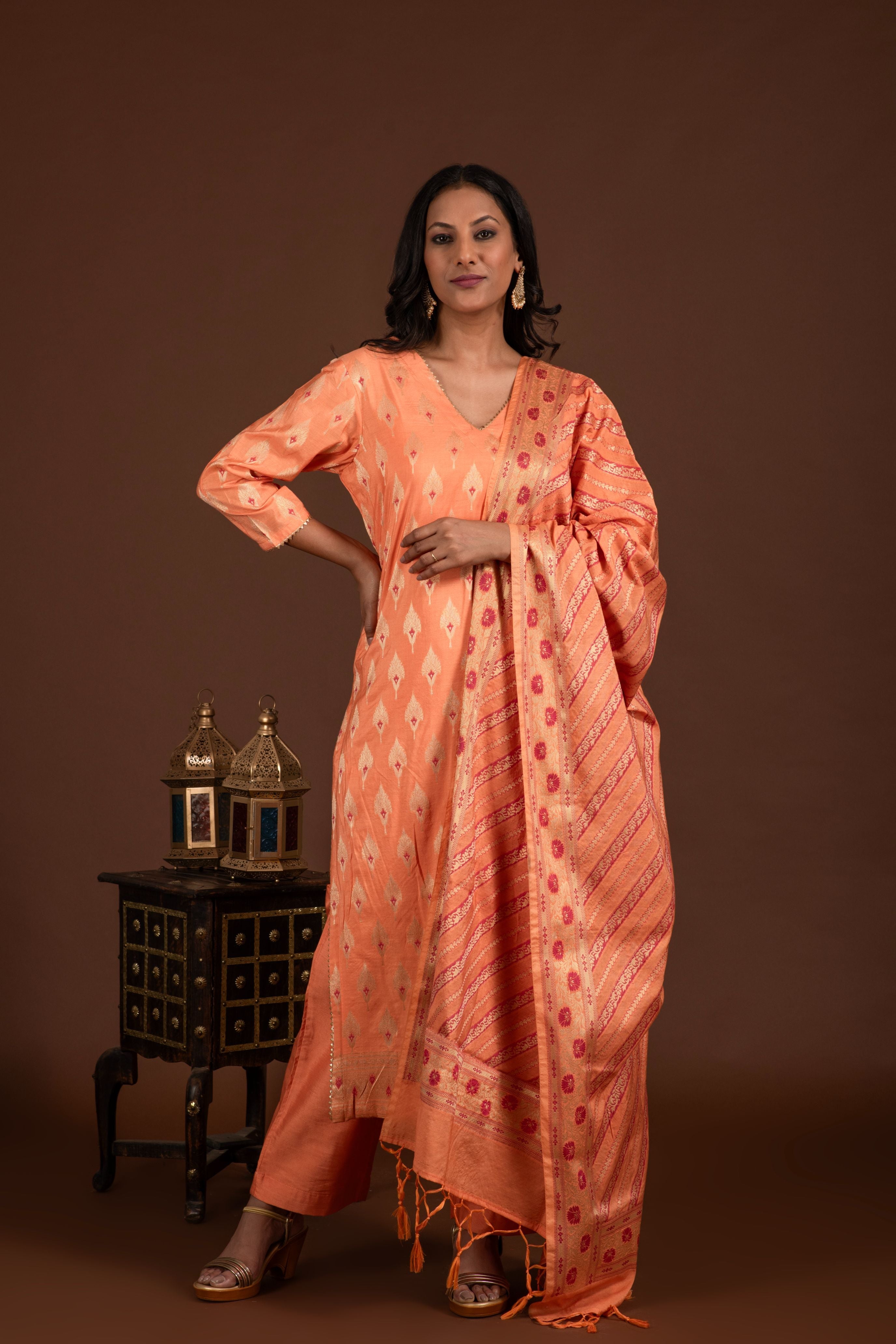 Banarasi weave kurta and dupatta with solid colour bottom