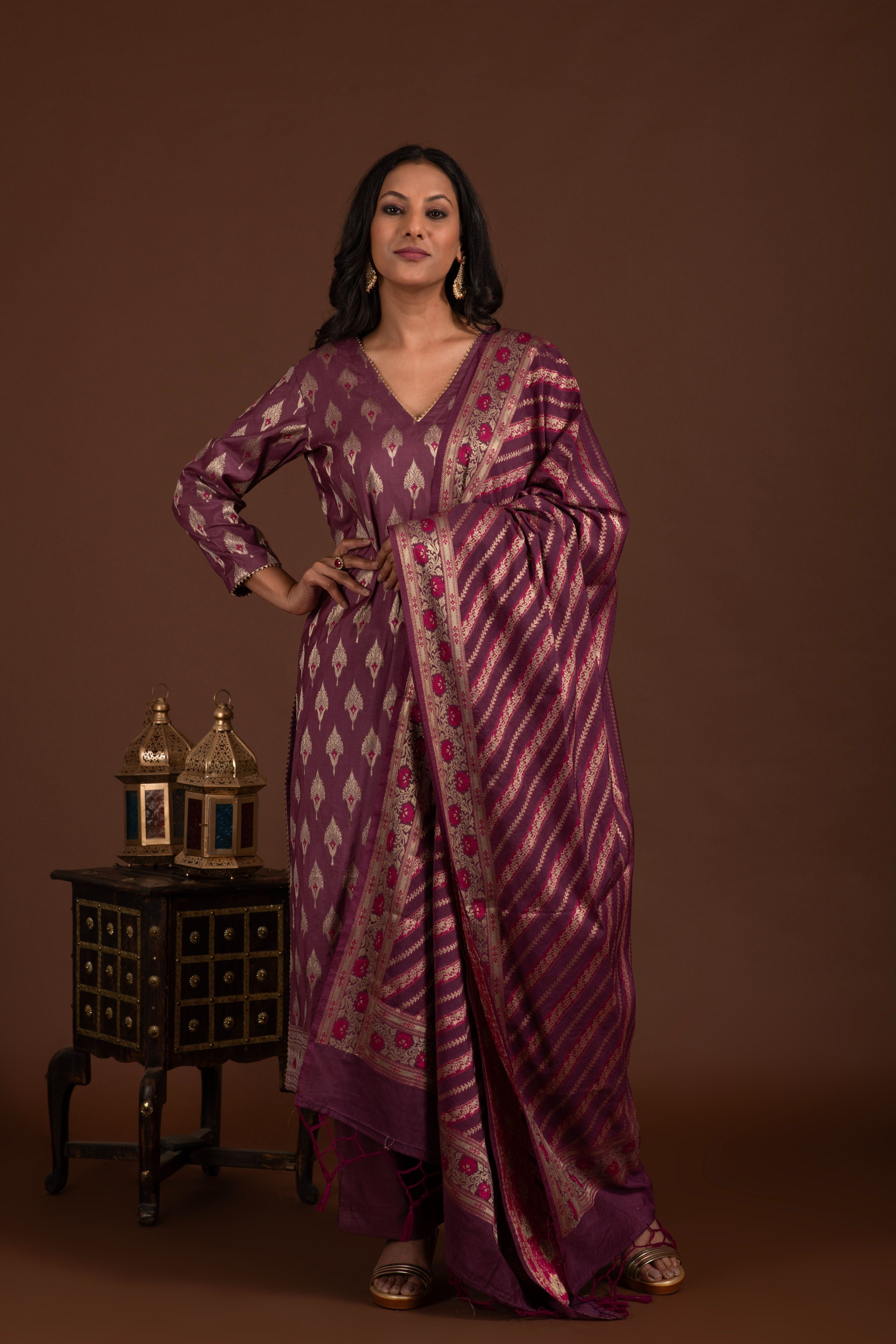 Banarasi Weave Kurta and Dupatta with Solid Colour Bottom