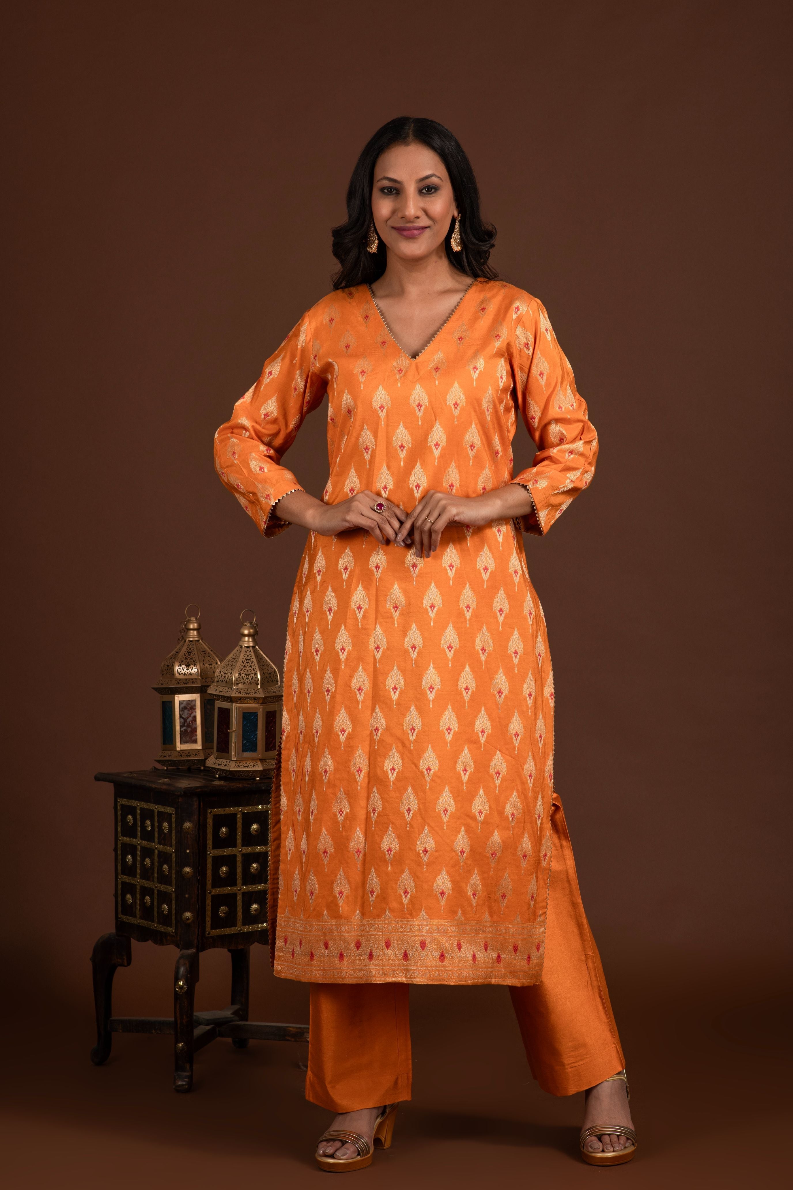 Banarasi weave kurta and dupatta with solid colour bottom