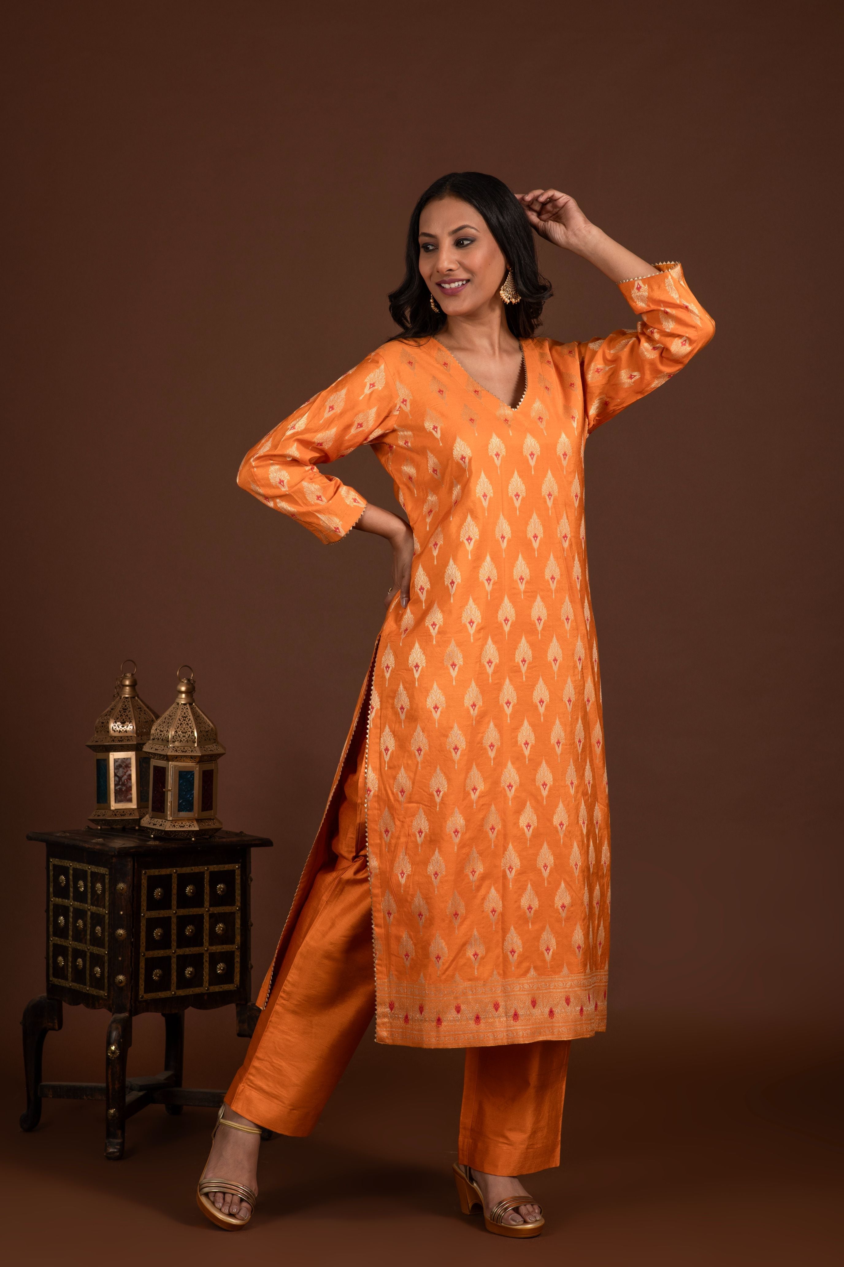 Banarasi weave kurta and dupatta with solid colour bottom