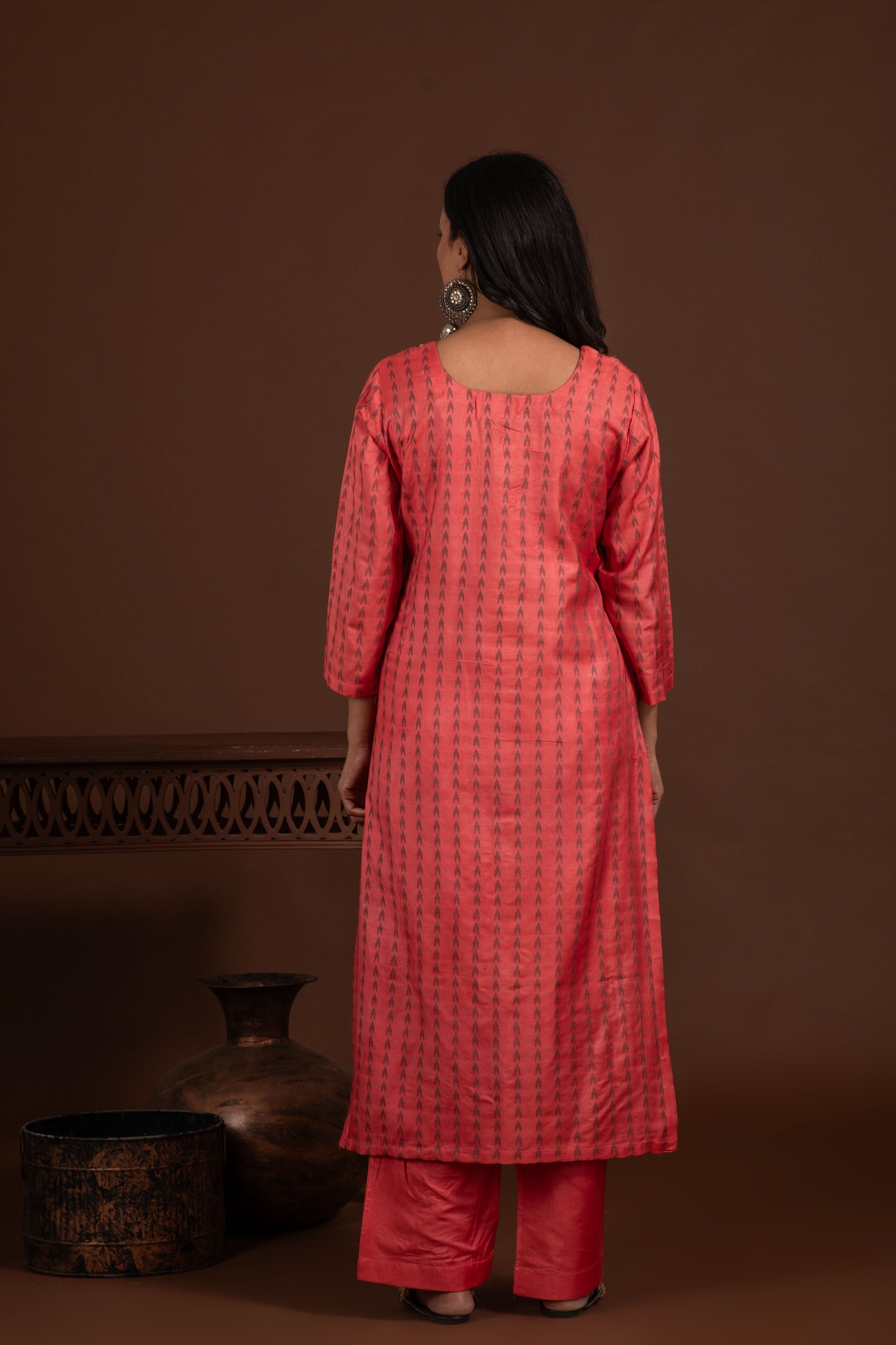 Bhagalpuri katan three piece dupatta suit with embroidered neckline. K21