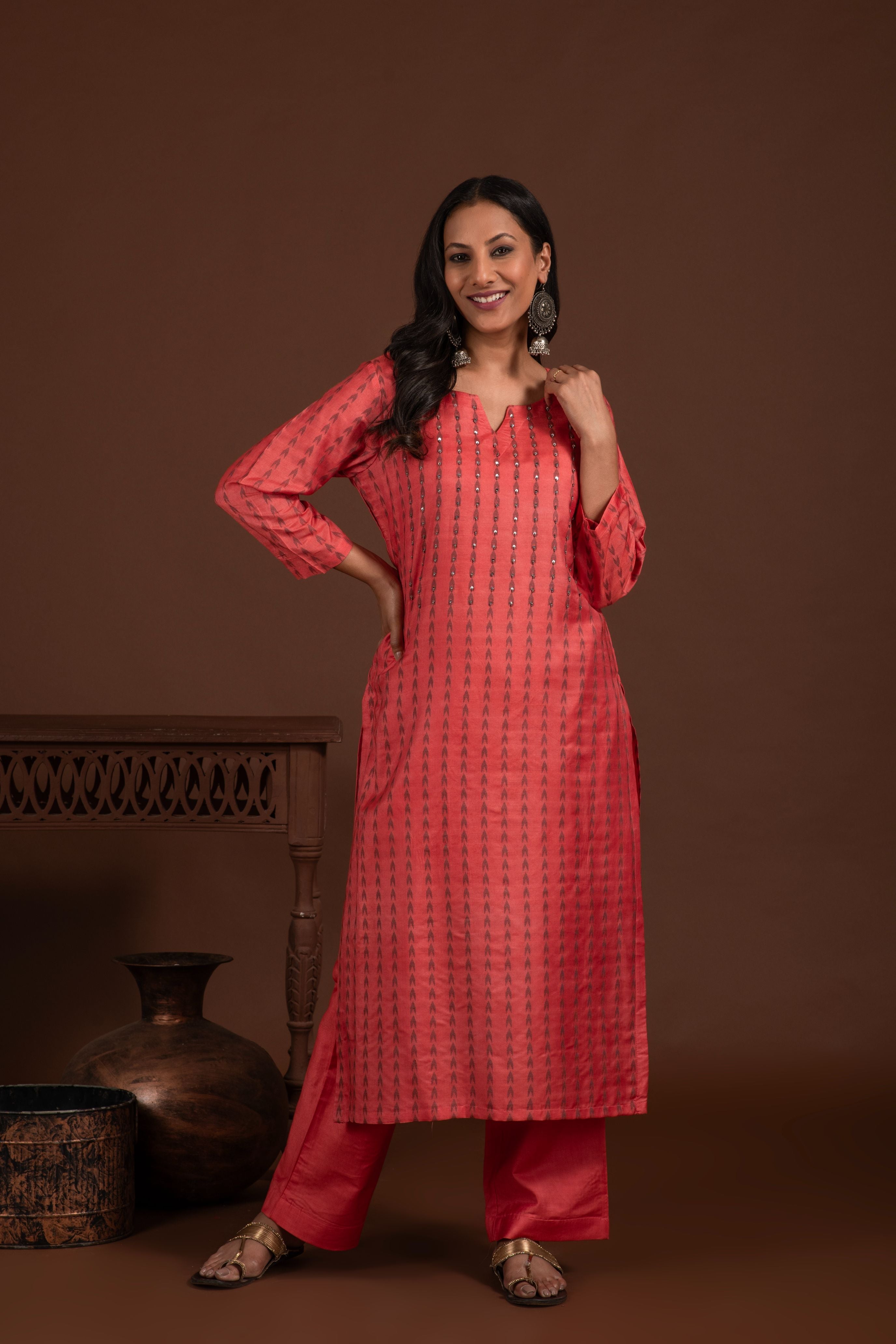 Bhagalpuri katan three piece dupatta suit with embroidered neckline. K21