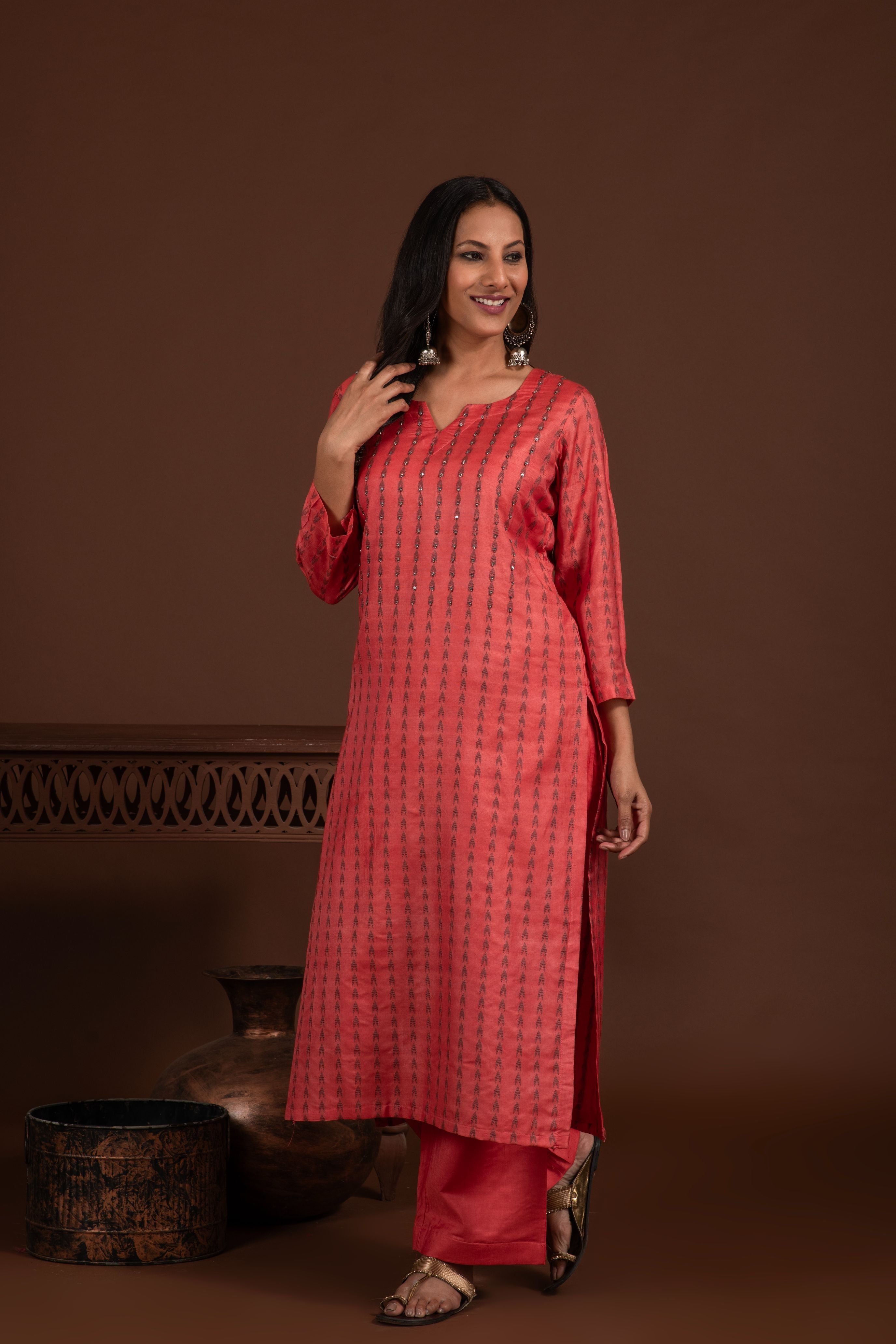Bhagalpuri katan three piece dupatta suit with embroidered neckline. K21