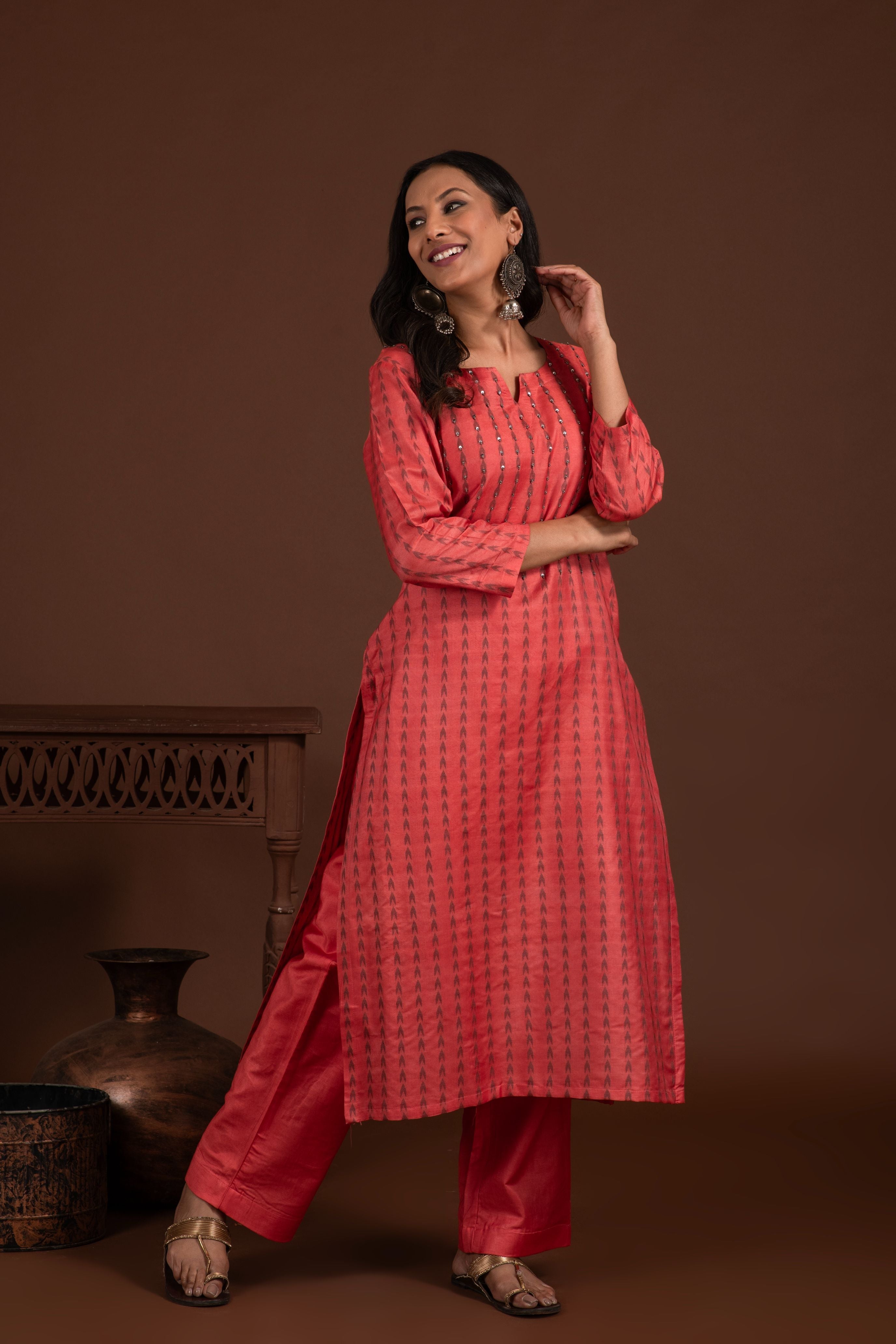 Bhagalpuri katan three piece dupatta suit with embroidered neckline. K21