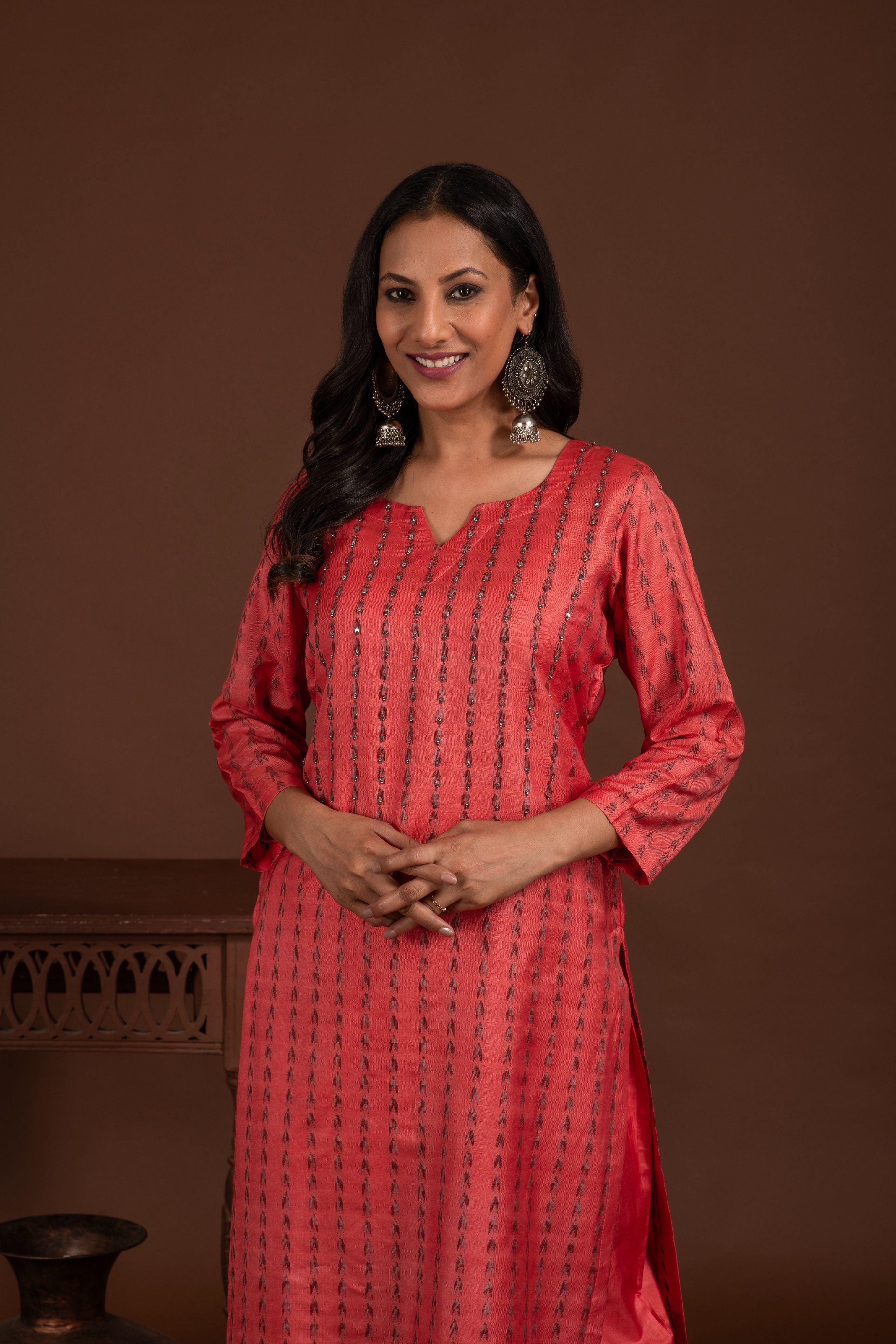 Bhagalpuri katan three piece dupatta suit with embroidered neckline. K21