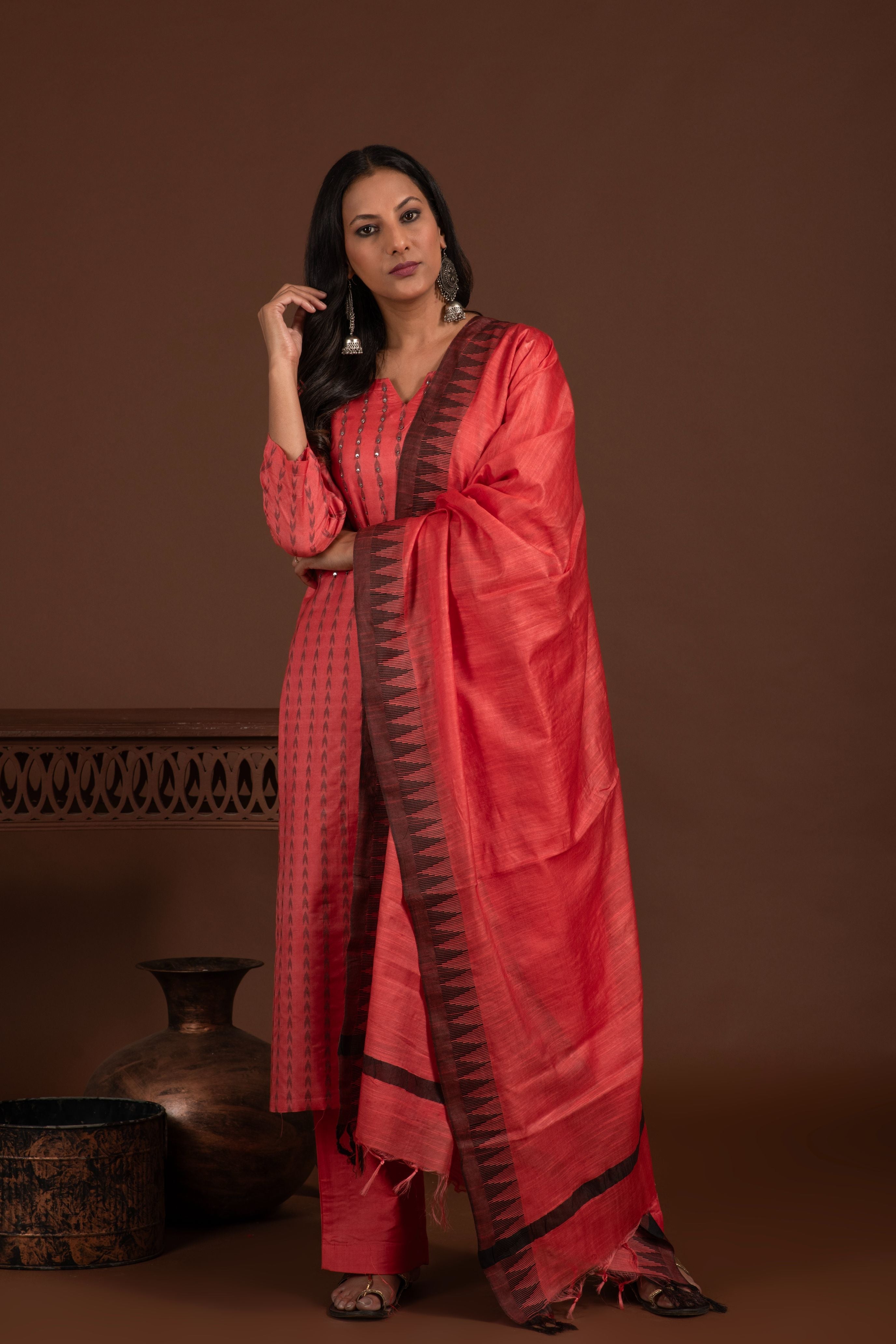 Bhagalpuri katan three piece dupatta suit with embroidered neckline. K21