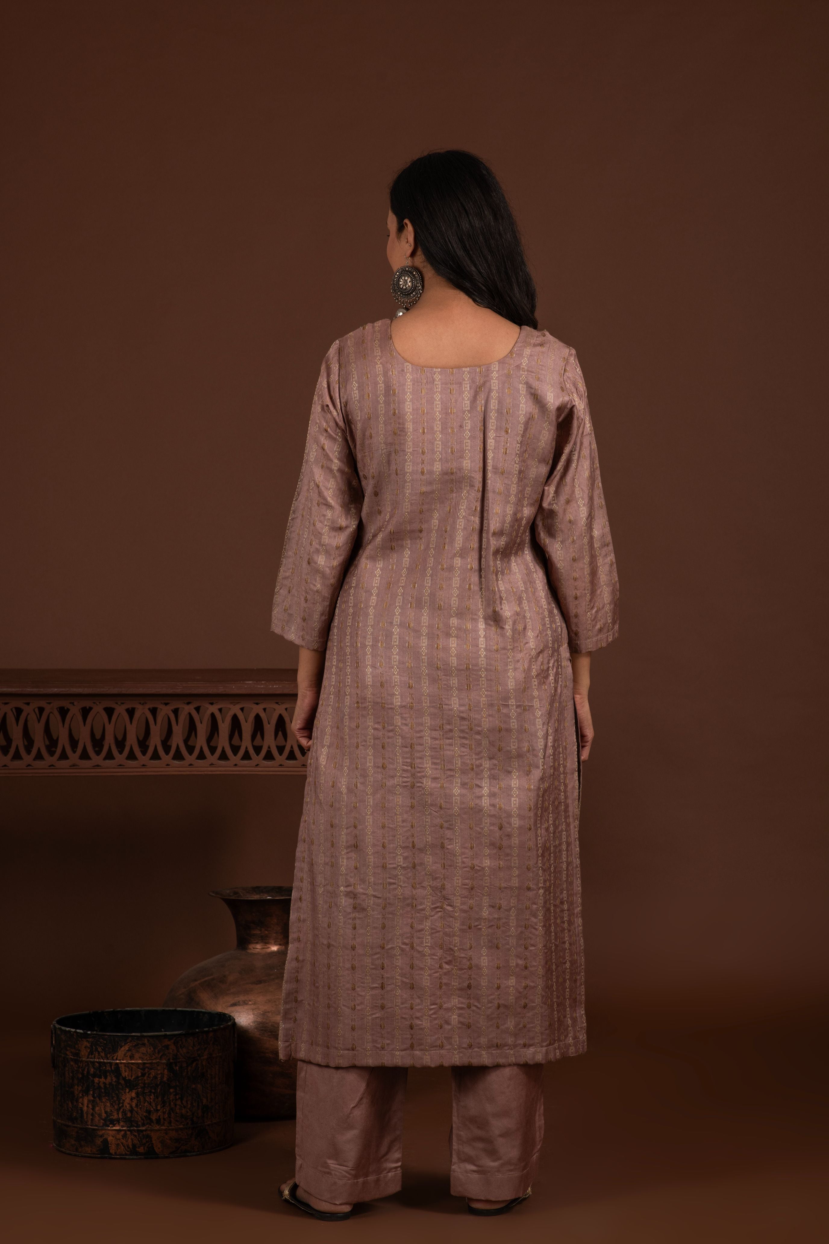 Bhagalpuri katan three piece dupatta suit with embroidered neckline. K23