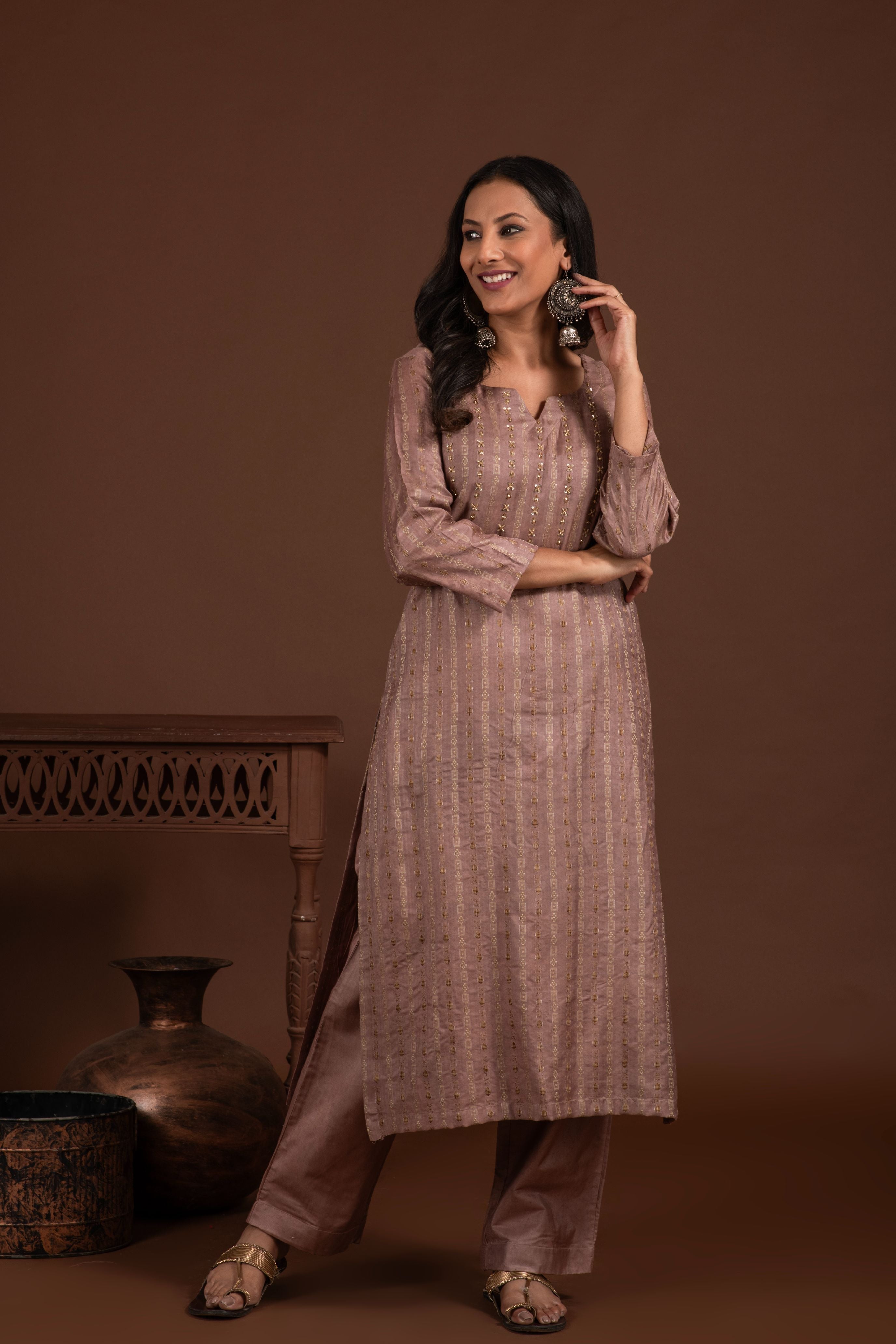 Bhagalpuri katan three piece dupatta suit with embroidered neckline. K23