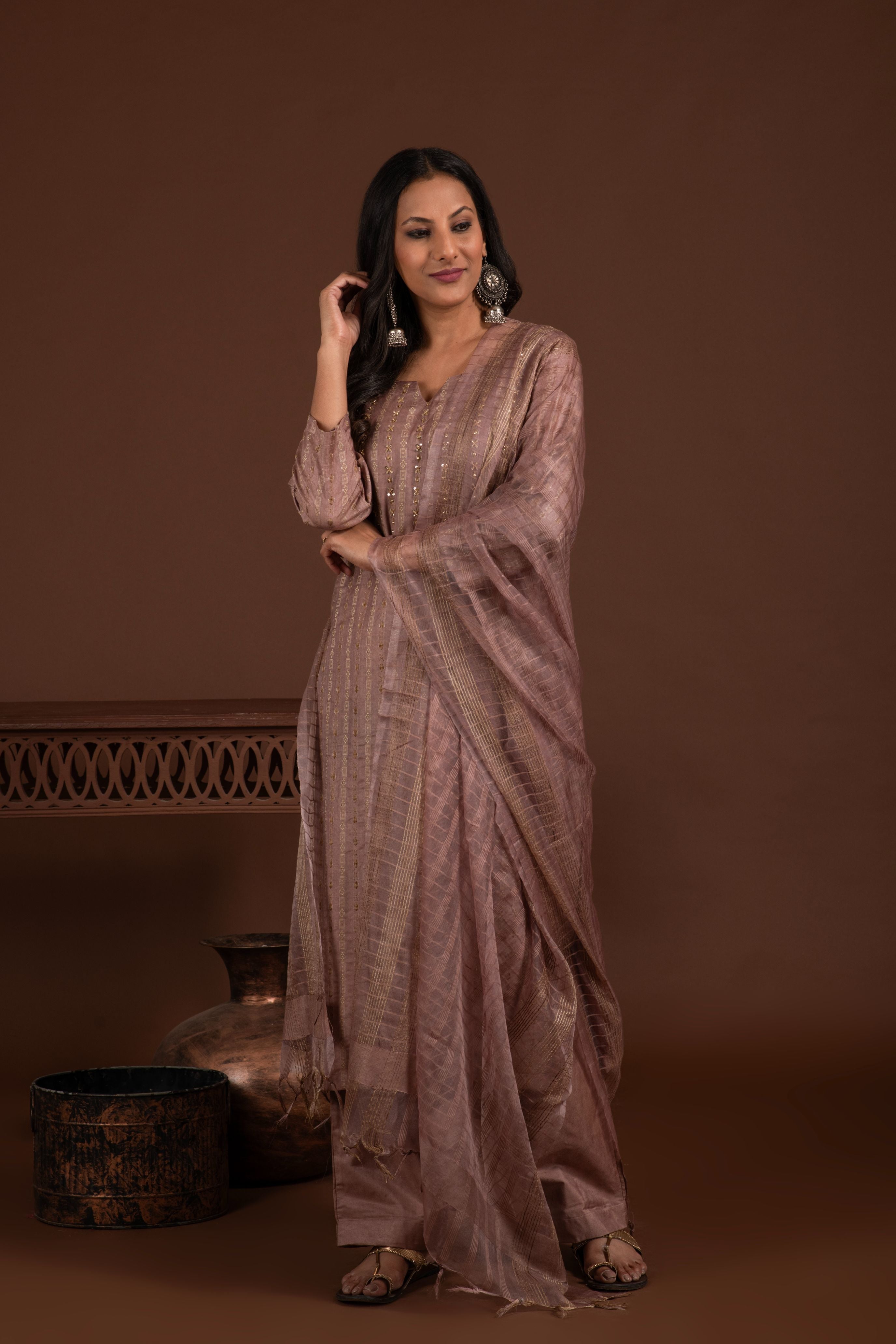 Bhagalpuri katan three piece dupatta suit with embroidered neckline. K23