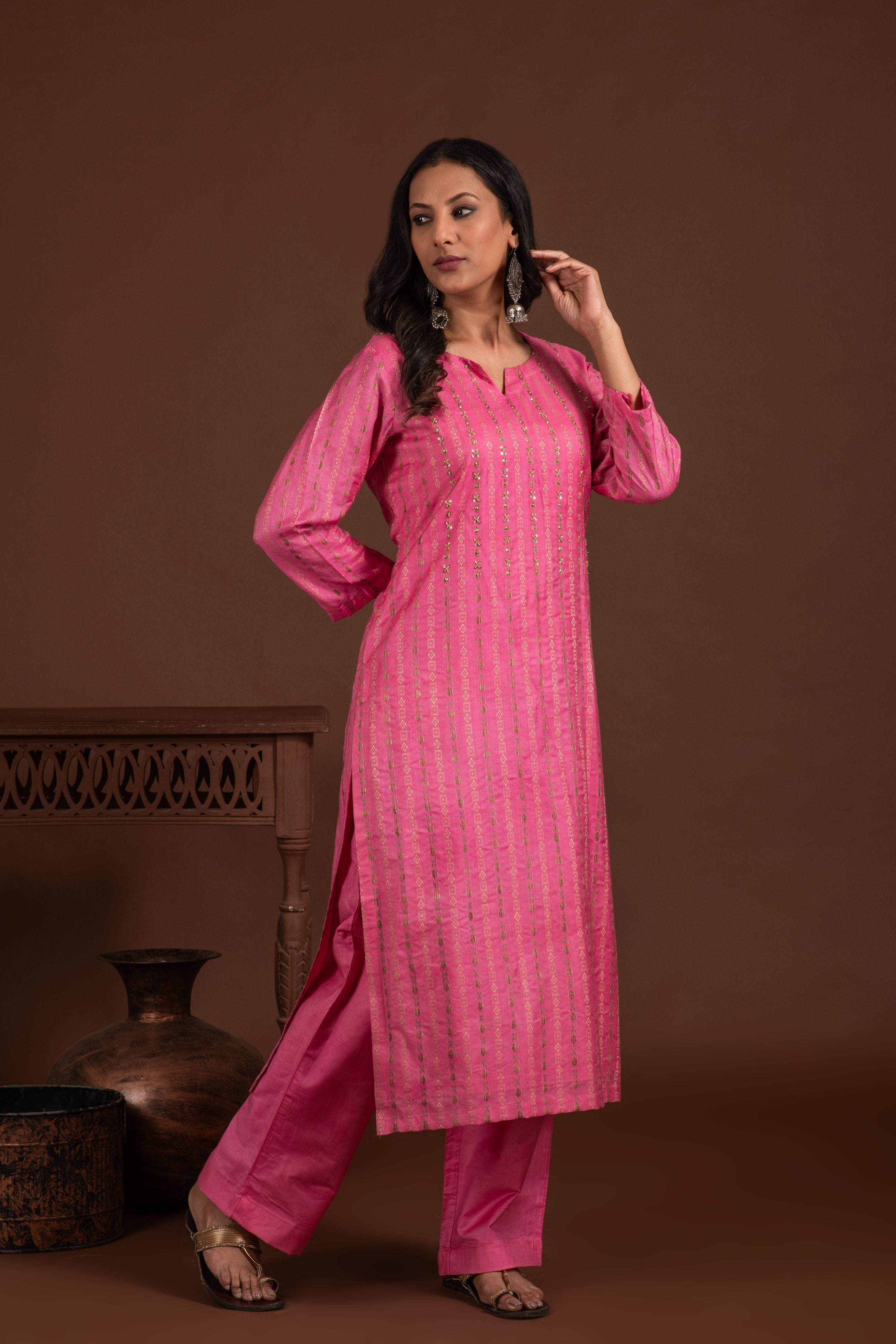 Bhagalpuri katan three piece dupatta suit with embroidered neckline. K25