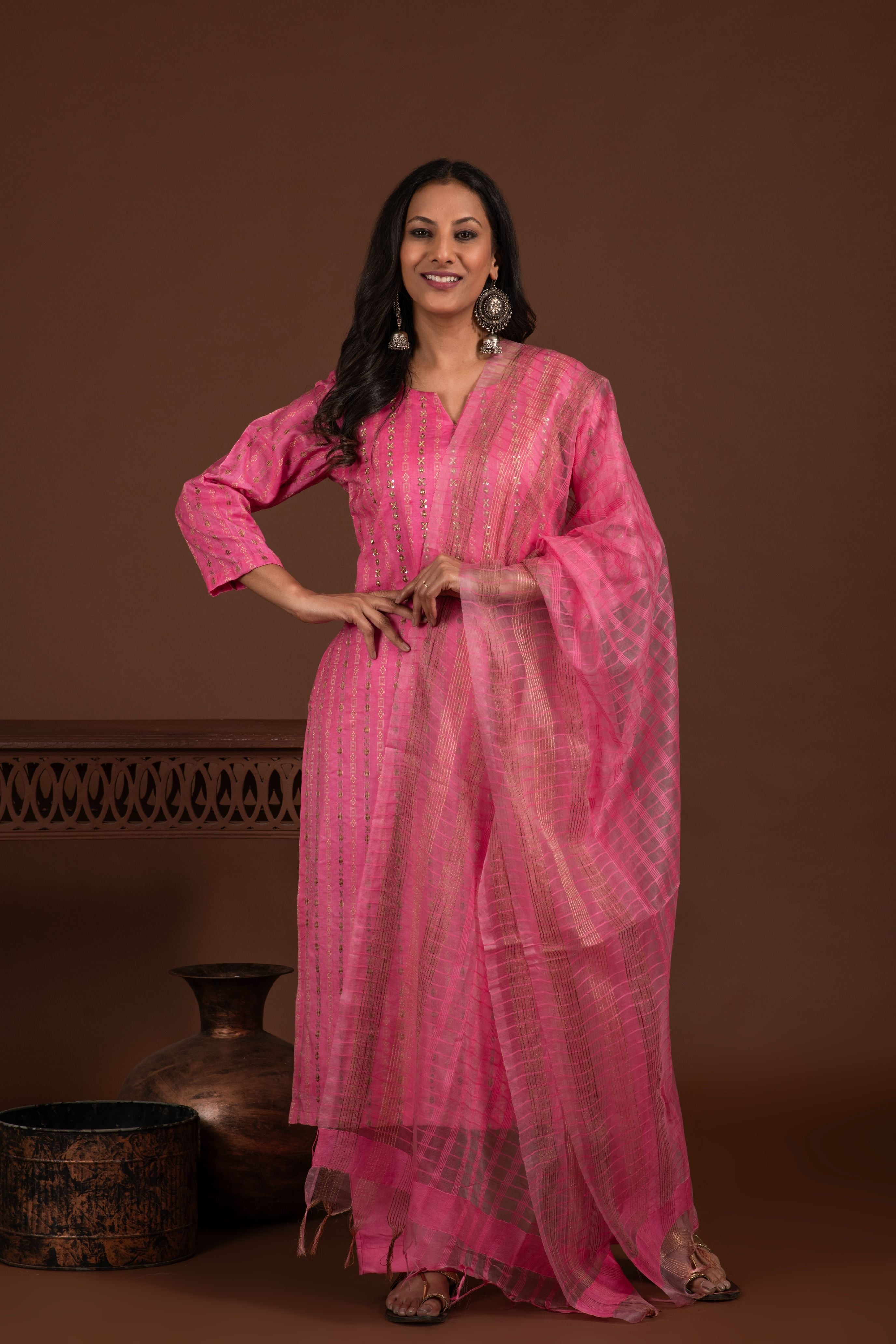 Bhagalpuri katan three piece dupatta suit with embroidered neckline. K25