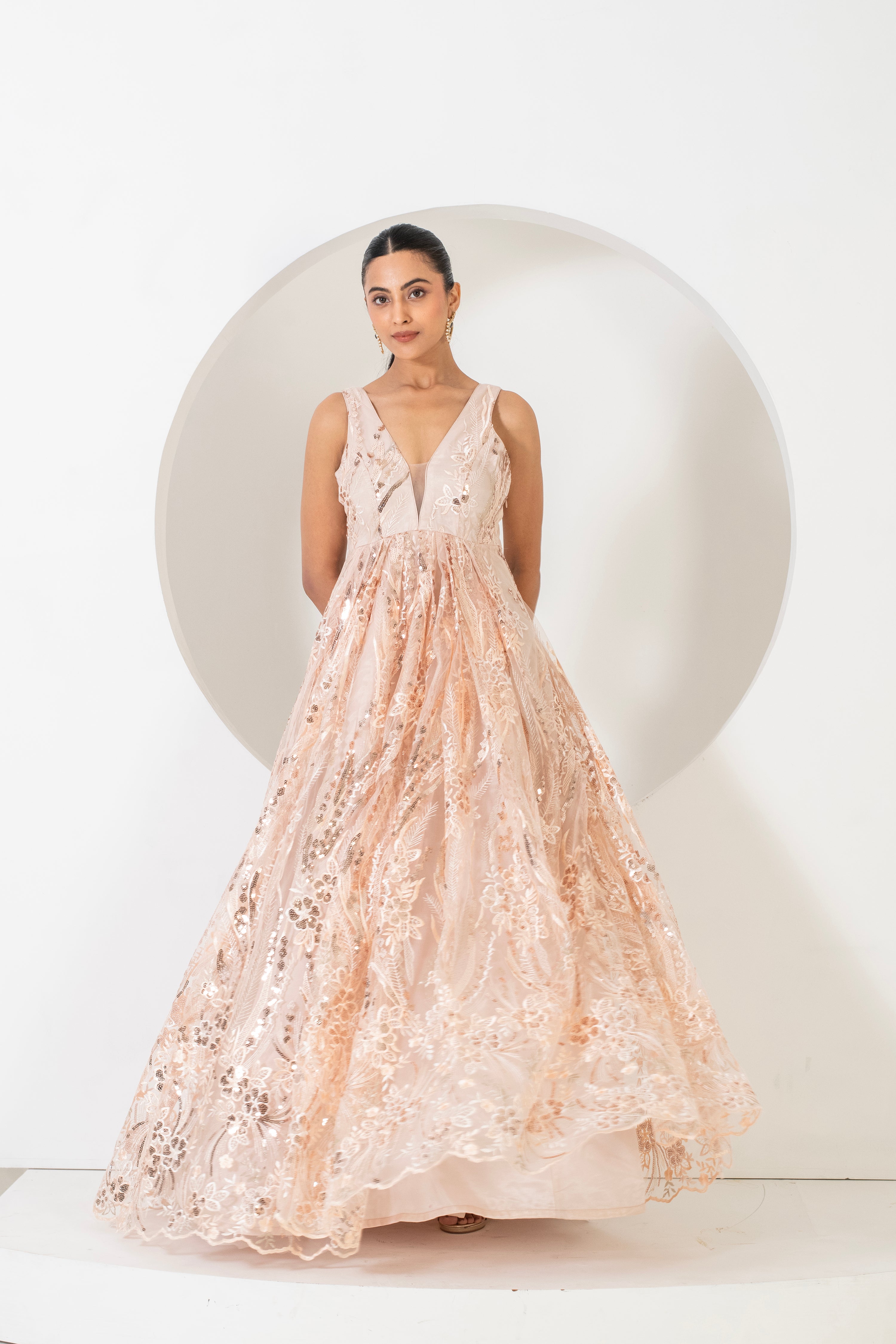 Embroidered Gown with Versatile Neckline