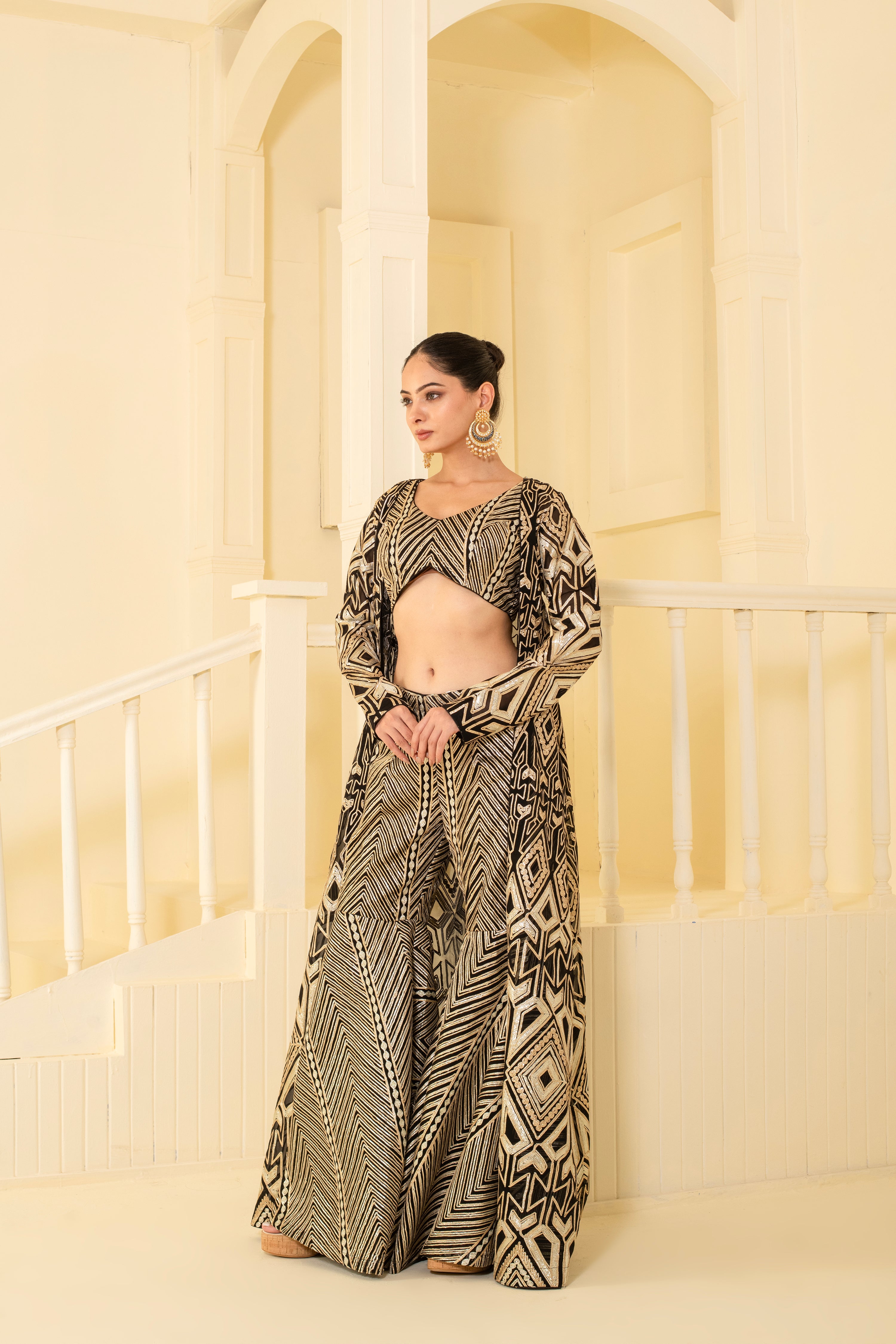 Stylish Crop Top Pant Set with Embroidered Jacket Pant Set