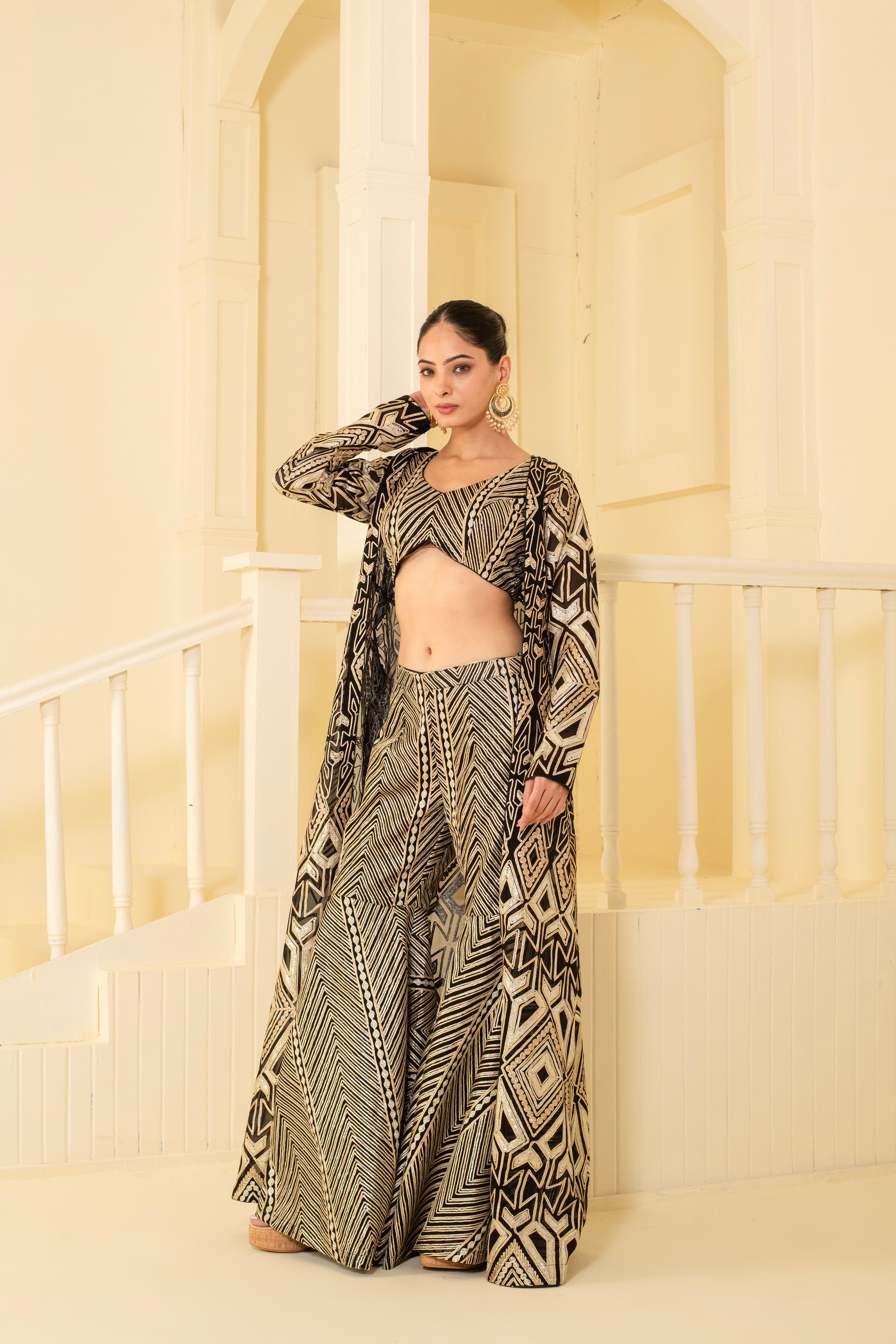 Stylish Crop Top Pant Set with Embroidered Jacket Pant Set