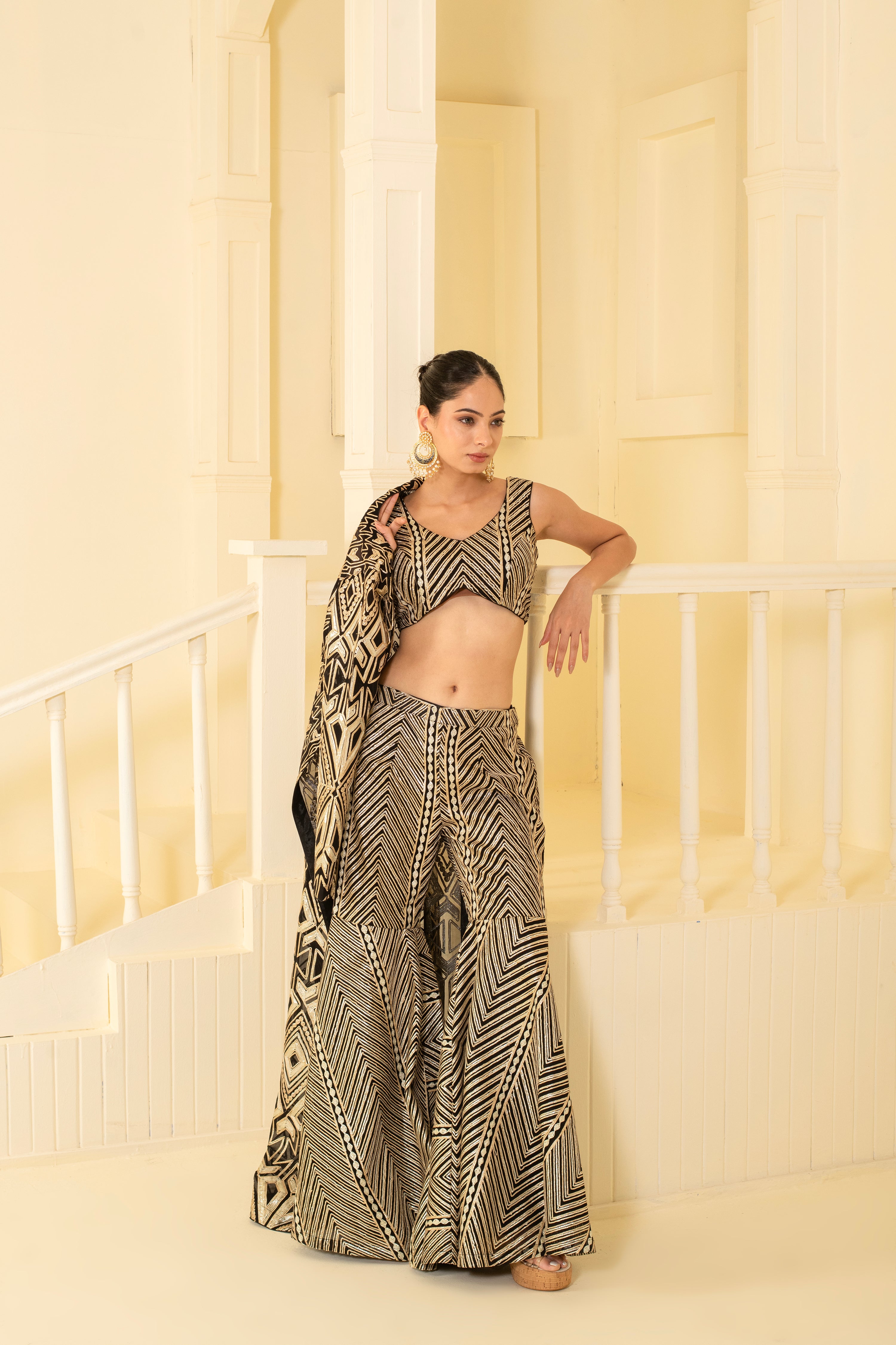 Stylish Crop Top Pant Set with Embroidered Jacket Pant Set