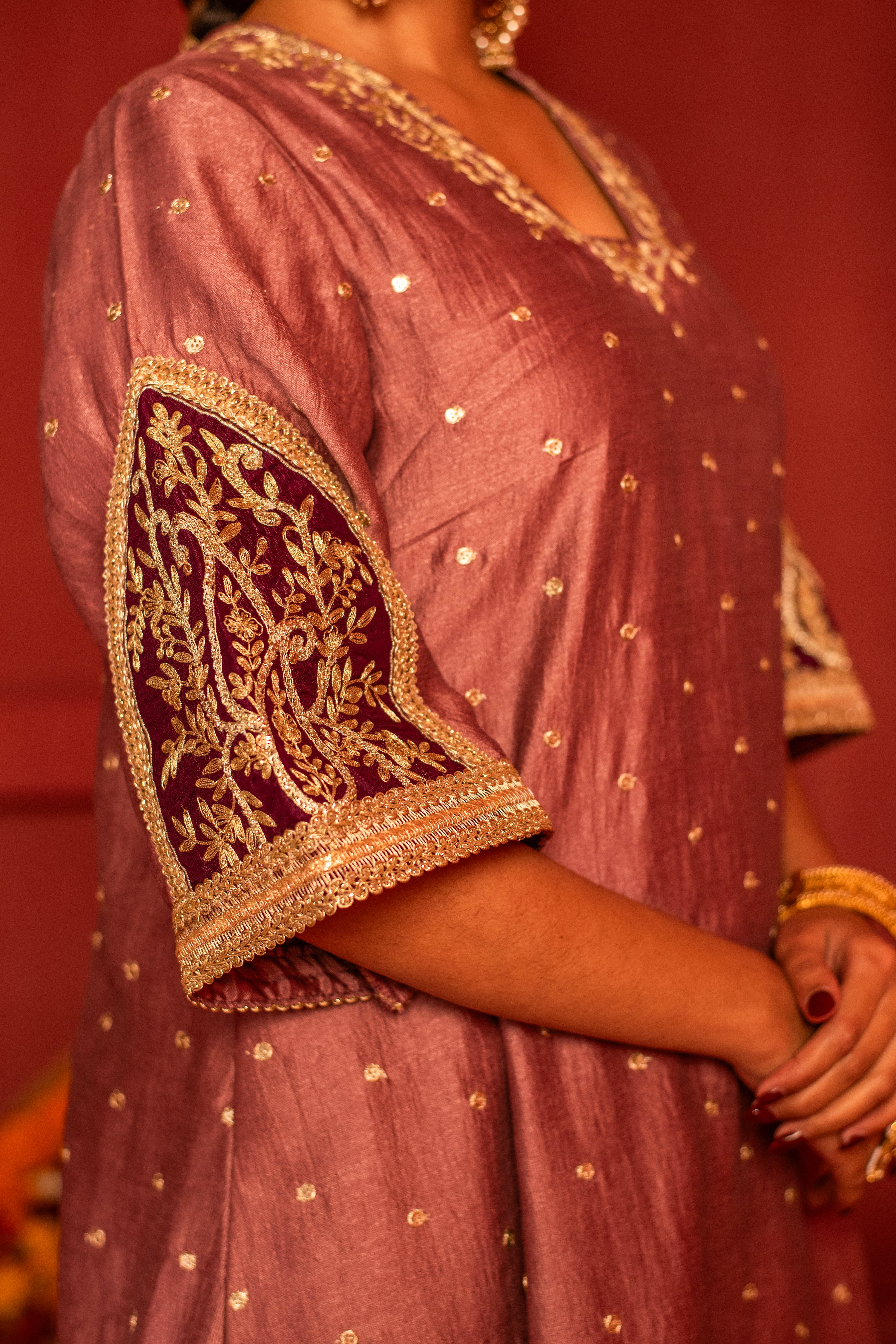 Mauve Silk blended Kurta set with embroidery work
