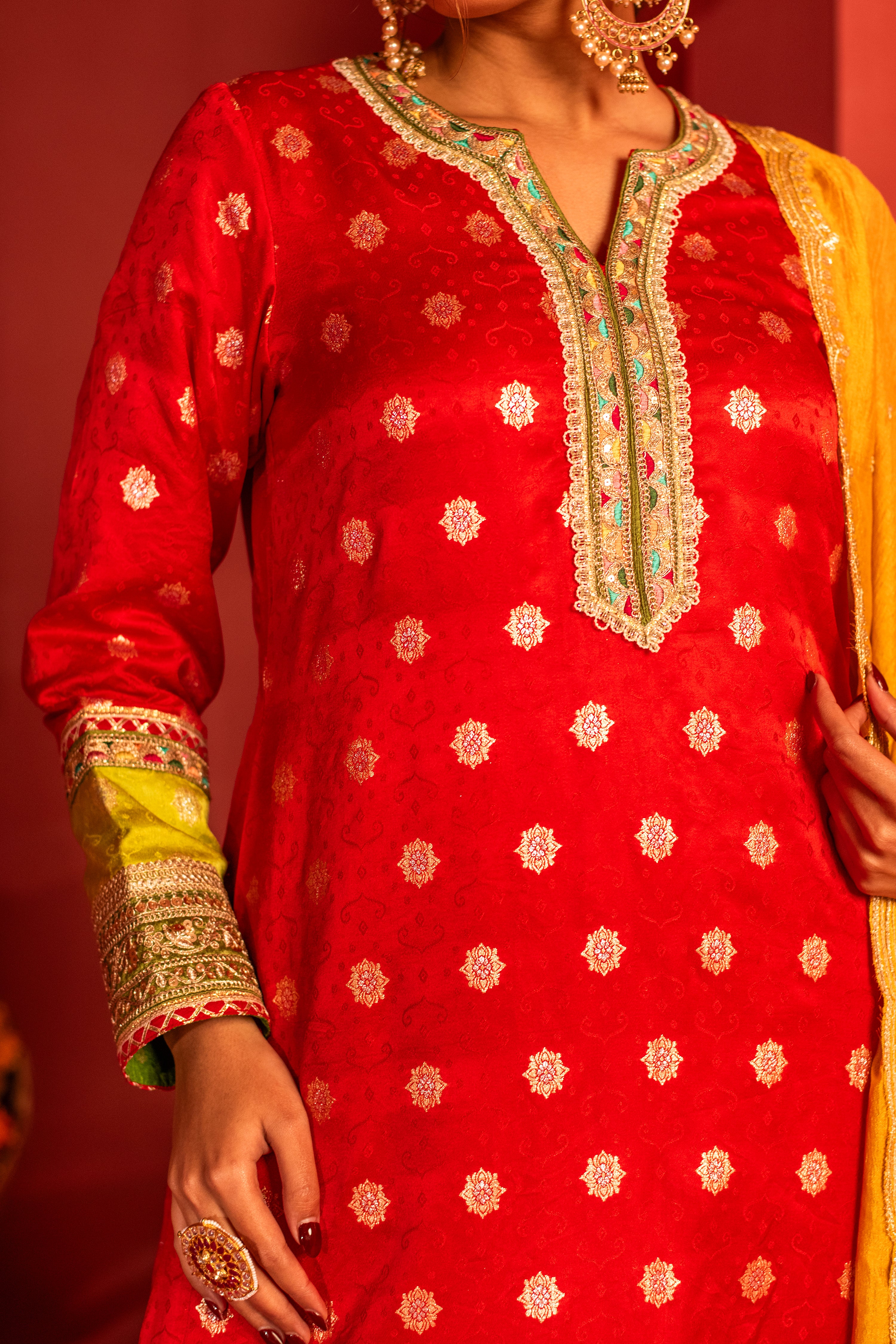 Red Kurta set in blended silk with dupatta in contrast colors