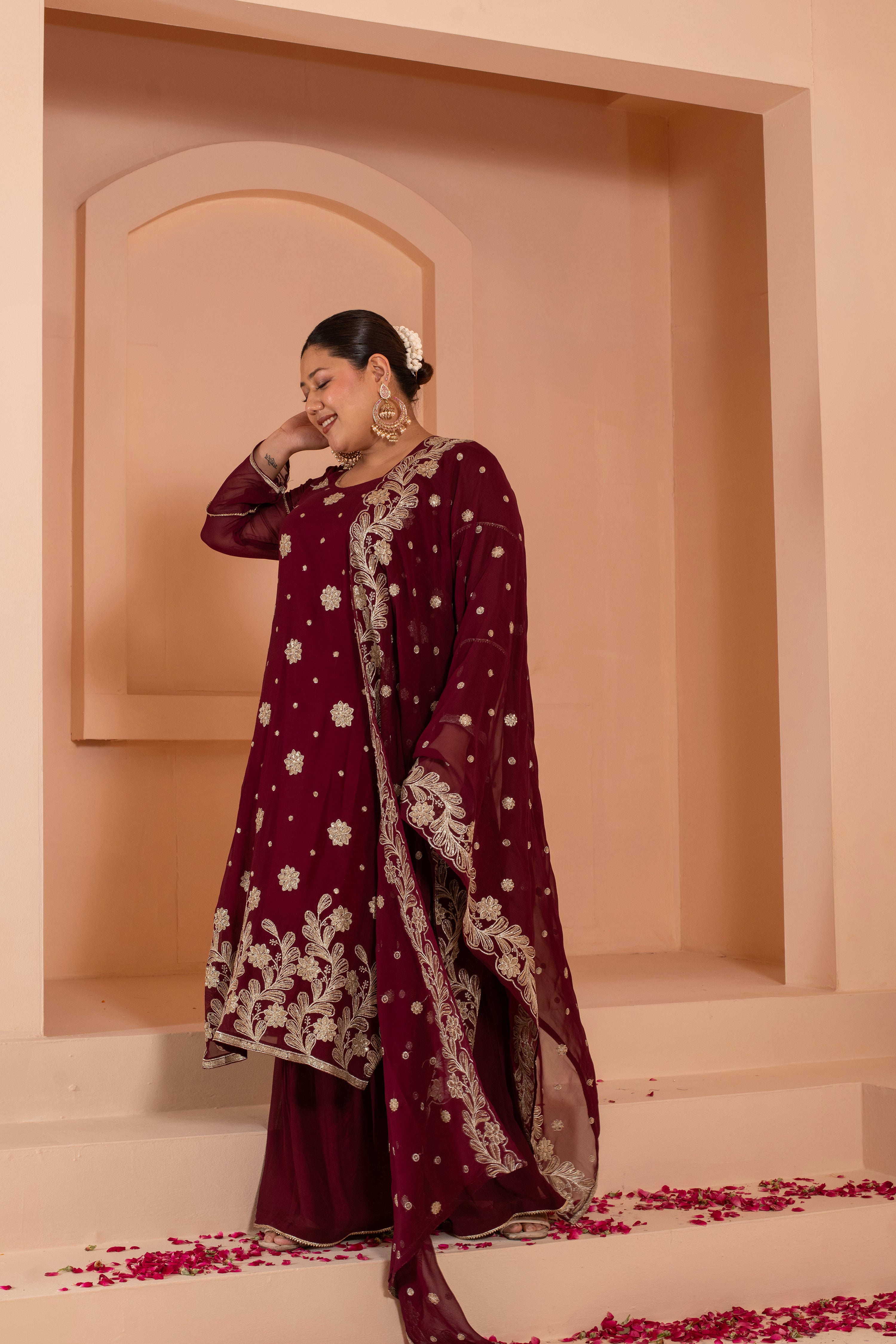 Versatile embroidered dupatta set with embroidered flared botom.