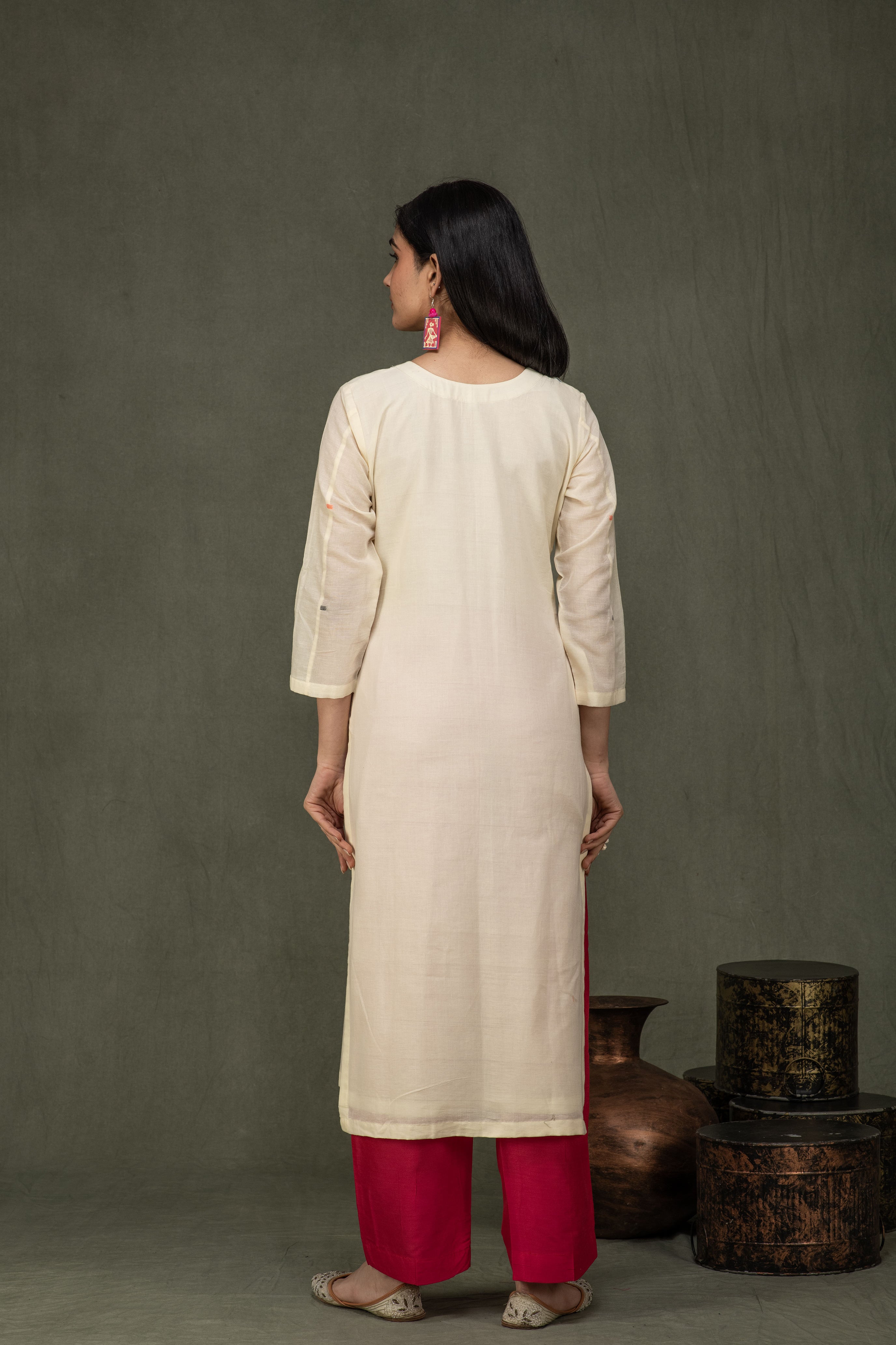 Hand Made Pure Jamdani Floral Soft and Fine Cotton Kurta with Pant and Dupatta PA 32
