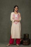 Hand Made Pure Jamdani Floral Soft and Fine Cotton Kurta with Pant and Dupatta PA 32