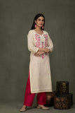 Hand Made Pure Jamdani Floral Soft and Fine Cotton Kurta with Pant and Dupatta PA 32