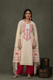 Hand Made Pure Jamdani Floral Soft and Fine Cotton Kurta with Pant and Dupatta PA 32