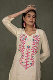 Hand Made Pure Jamdani Floral Soft and Fine Cotton Kurta with Pant and Dupatta PA 32