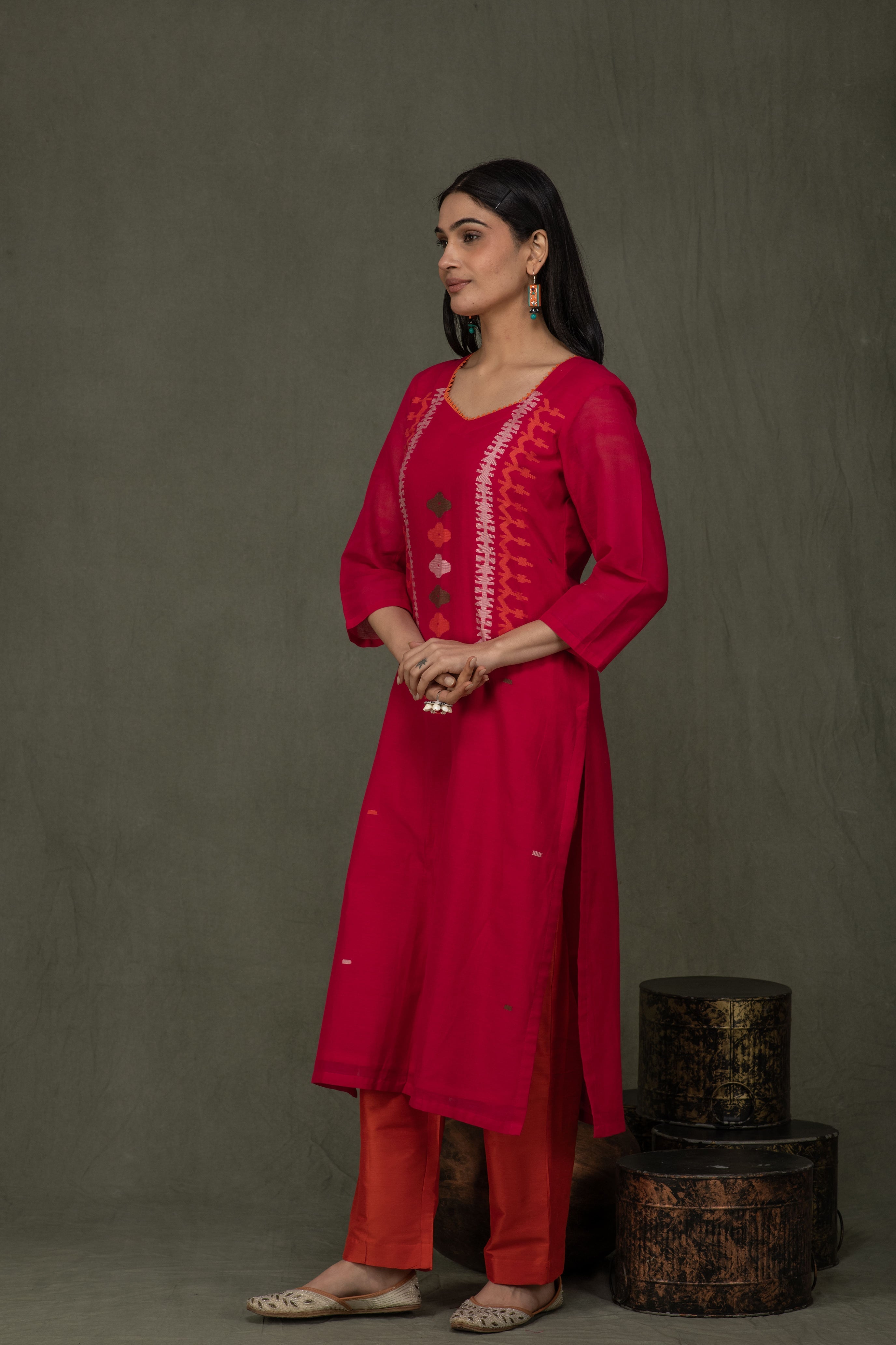 Hand Made Pure Jamdani Floral Soft and Fine Cotton Kurta with Pant and Dupatta PA 29