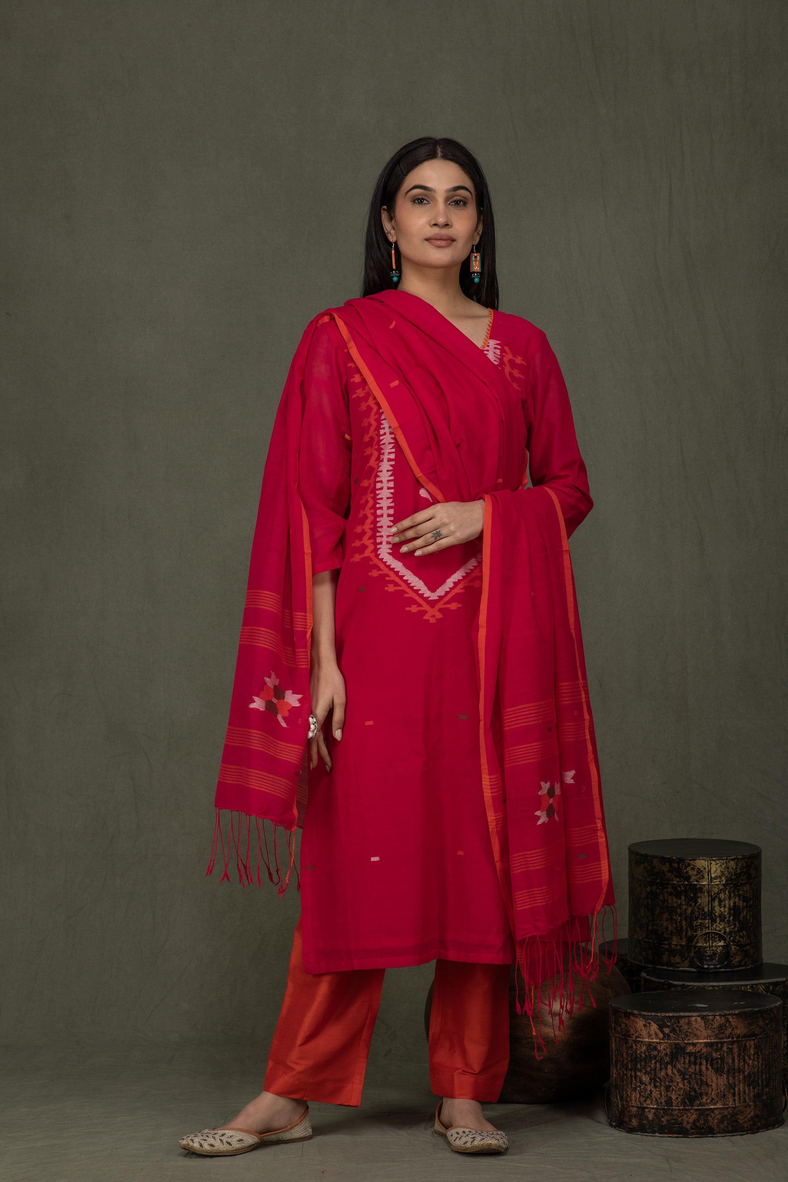 Hand Made Pure Jamdani Floral Soft and Fine Cotton Kurta with Pant and Dupatta PA 29