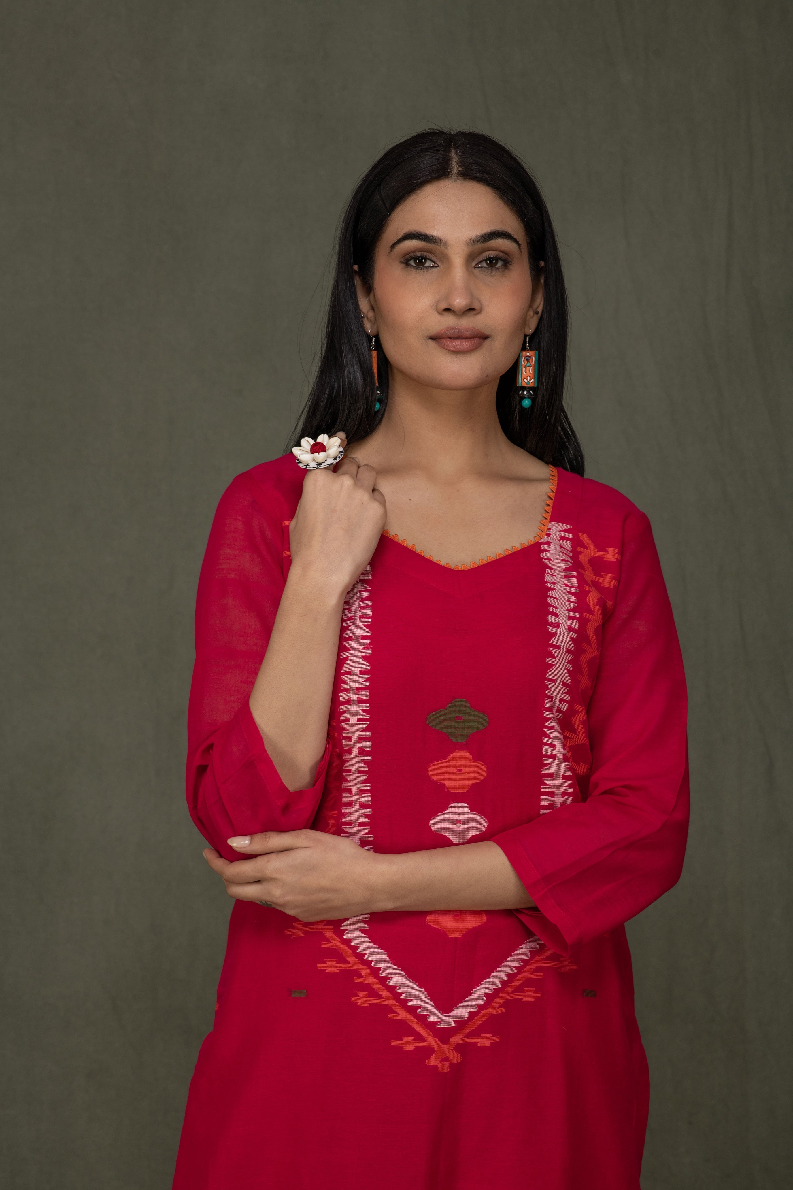 Hand Made Pure Jamdani Floral Soft and Fine Cotton Kurta with Pant and Dupatta PA 29