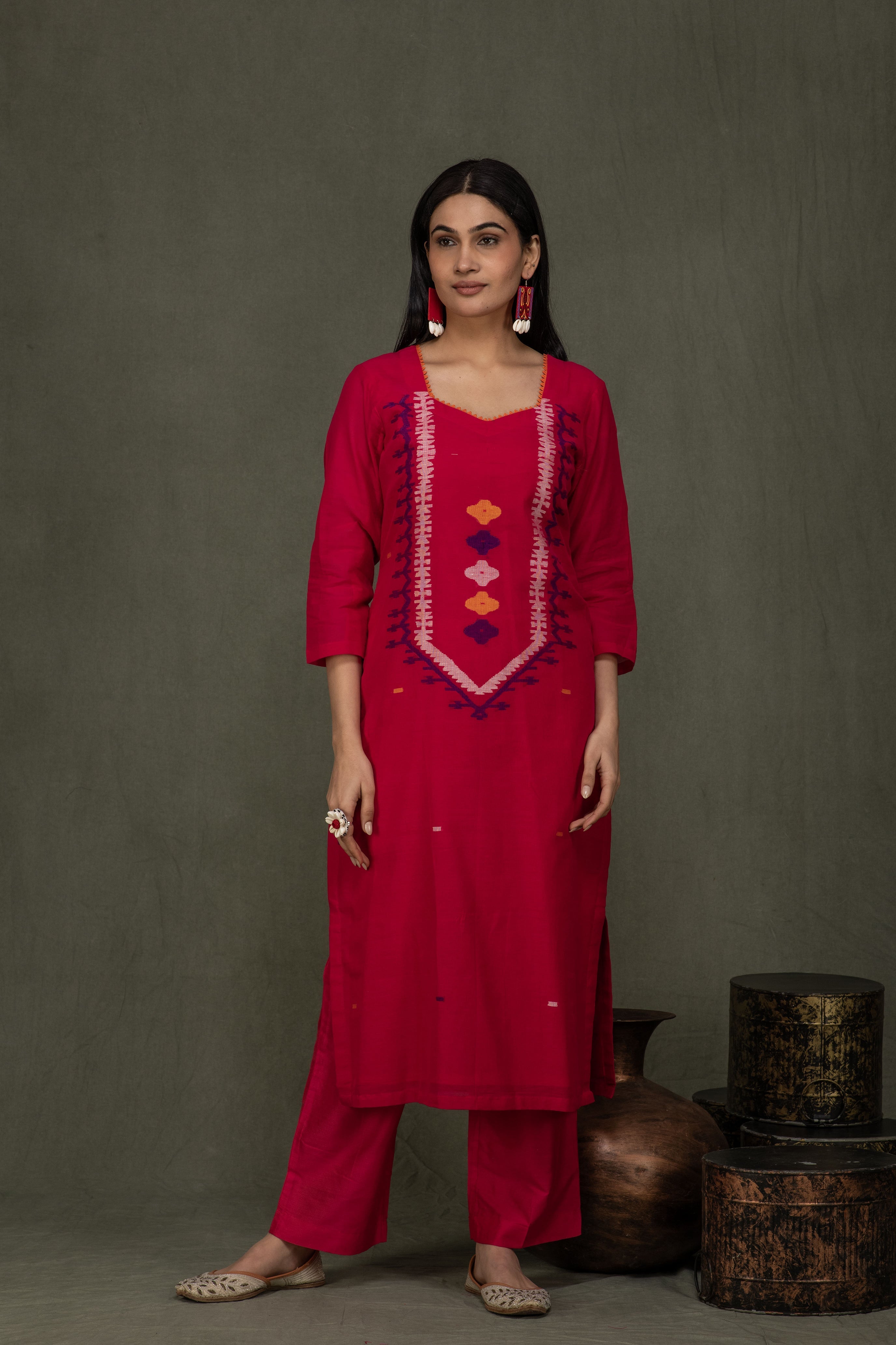 Hand Made Pure Jamdani Floral Soft and Fine Cotton Kurta with Pant and Dupatta PA 33