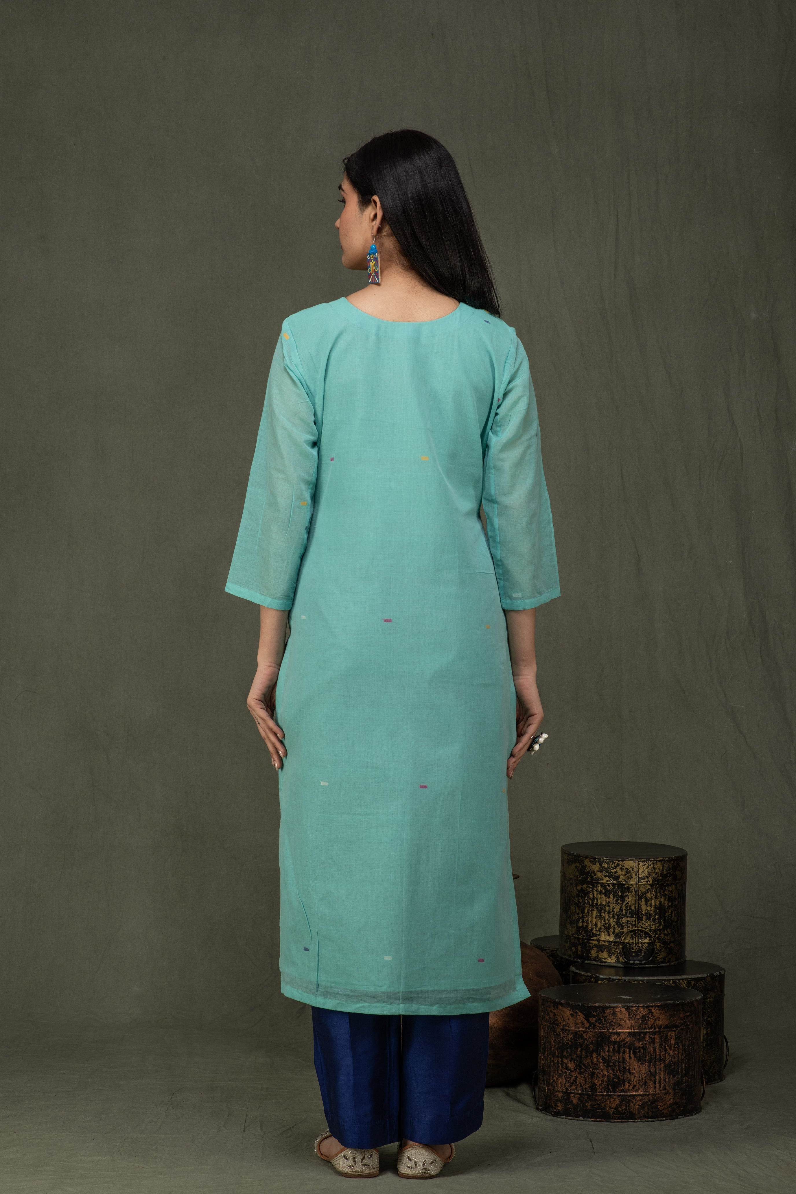 Hand Made Pure Jamdani Floral Soft and Fine Cotton Kurta with Pant and Dupatta PA 26