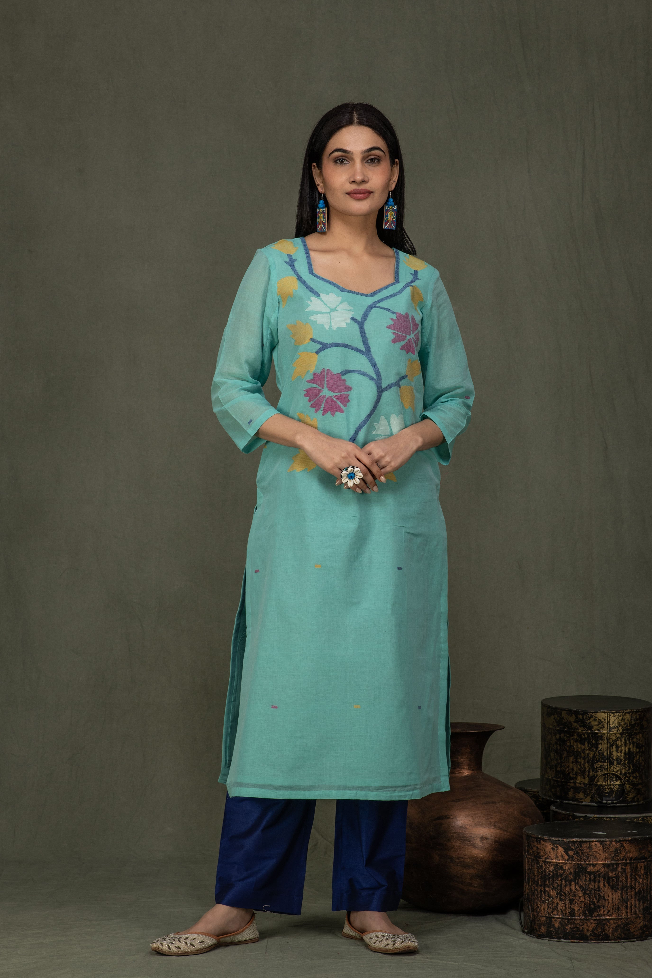 Hand Made Pure Jamdani Floral Soft and Fine Cotton Kurta with Pant and Dupatta PA 26