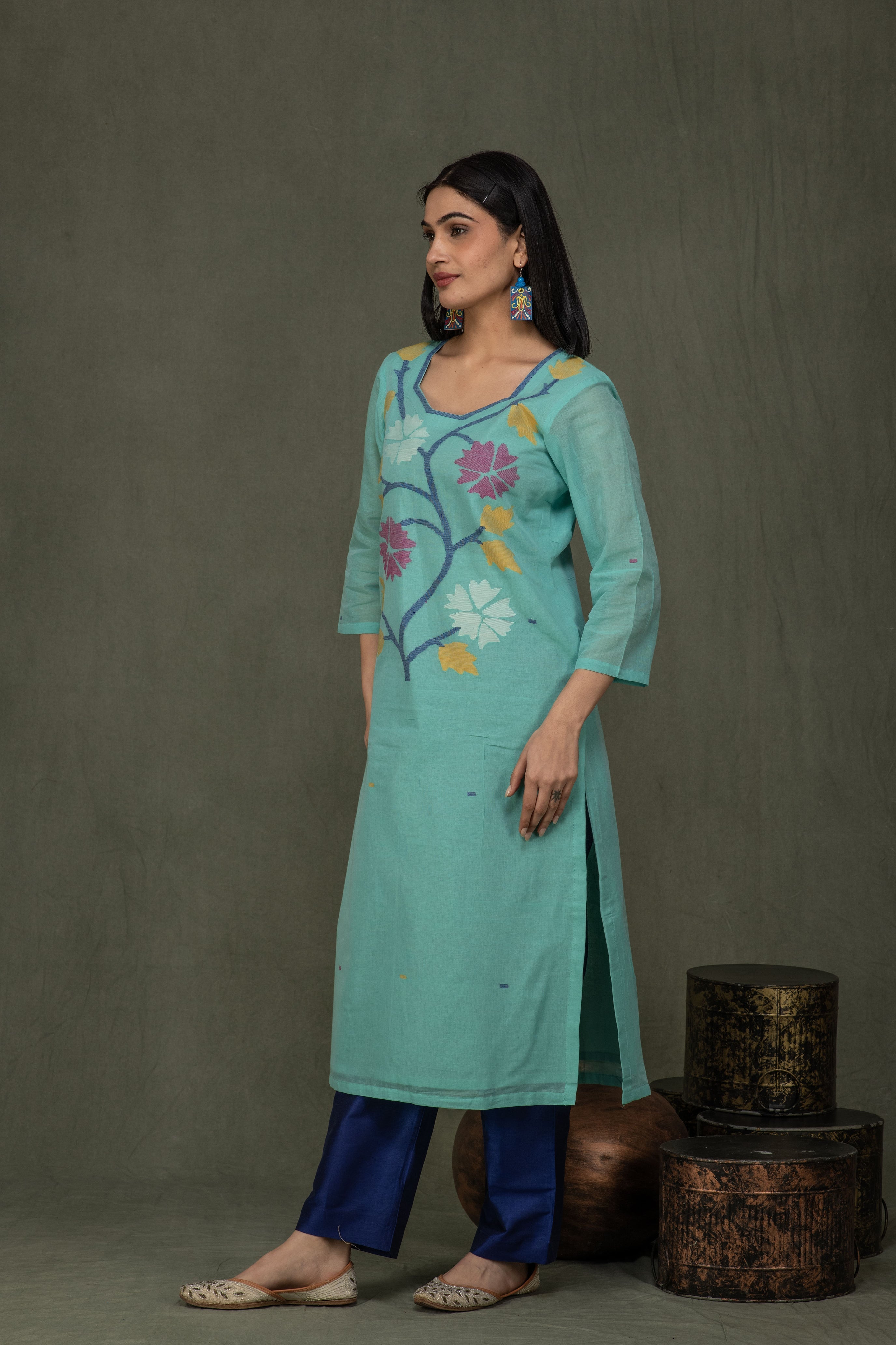 Hand Made Pure Jamdani Floral Soft and Fine Cotton Kurta with Pant and Dupatta PA 26