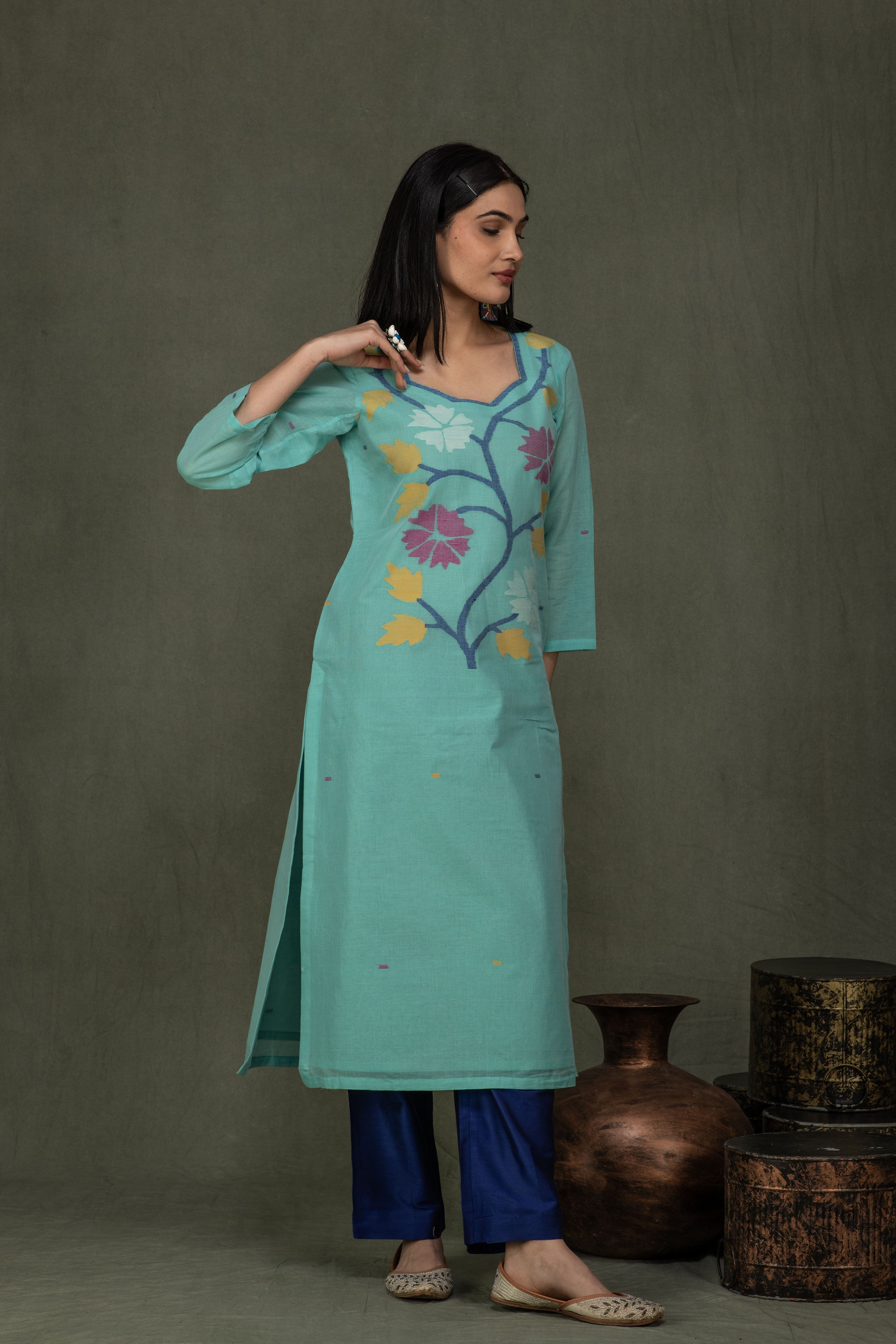 Hand Made Pure Jamdani Floral Soft and Fine Cotton Kurta with Pant and Dupatta PA 26