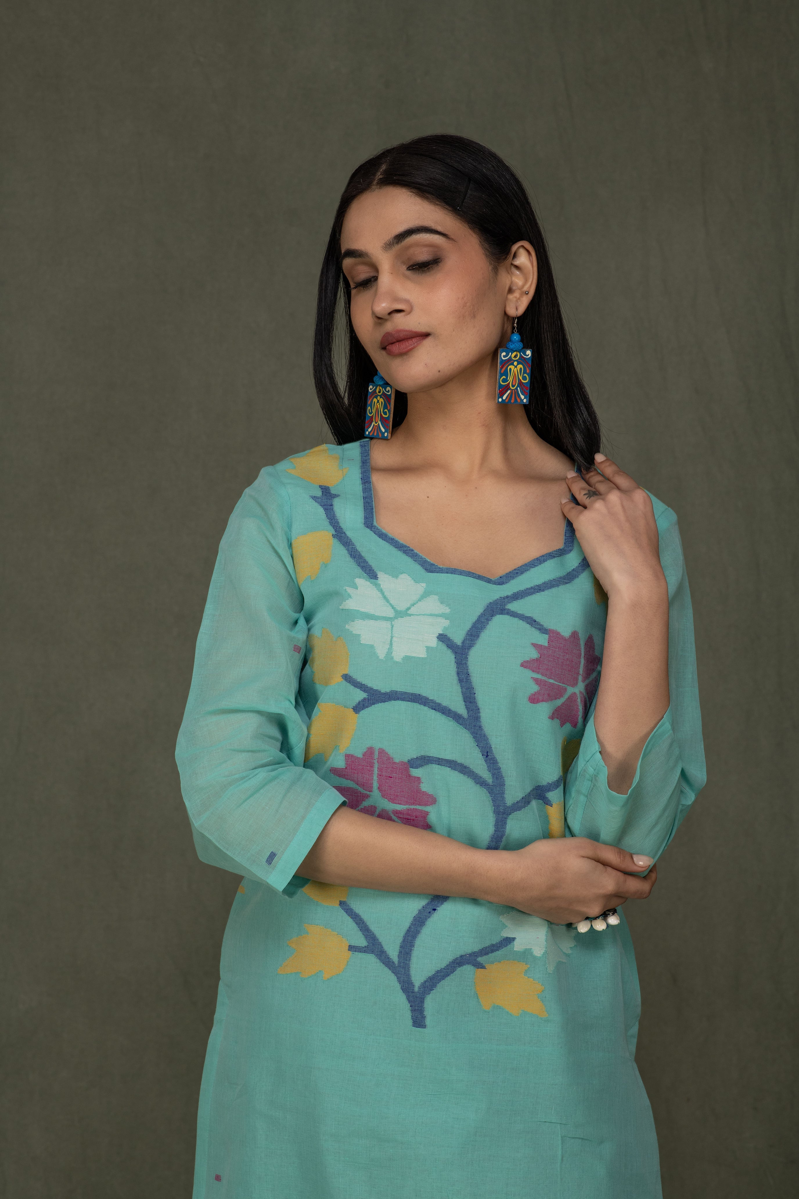 Hand Made Pure Jamdani Floral Soft and Fine Cotton Kurta with Pant and Dupatta PA 26