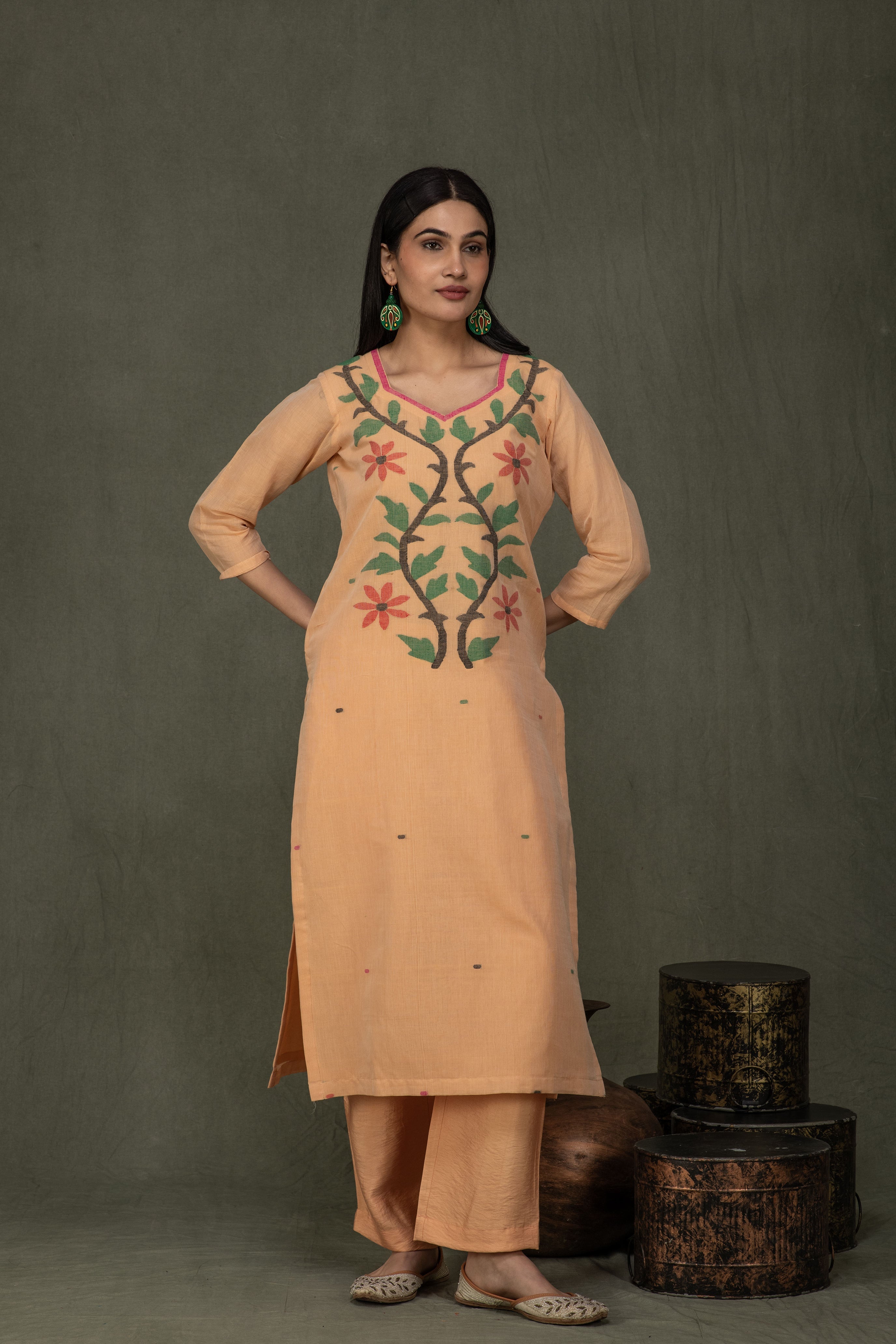 Hand Made Pure Jamdani Floral Soft and Fine Cotton Kurta with Pant and Dupatta PA 30