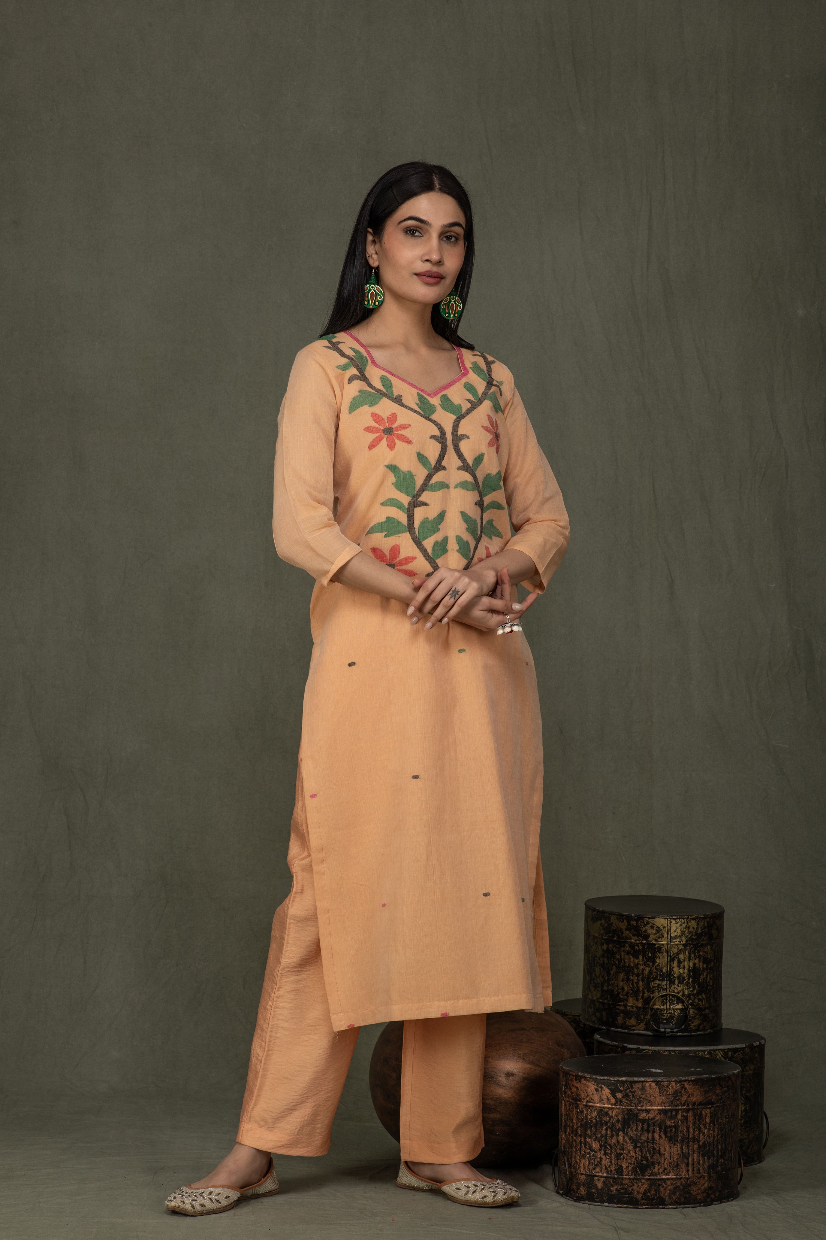 Hand Made Pure Jamdani Floral Soft and Fine Cotton Kurta with Pant and Dupatta PA 30