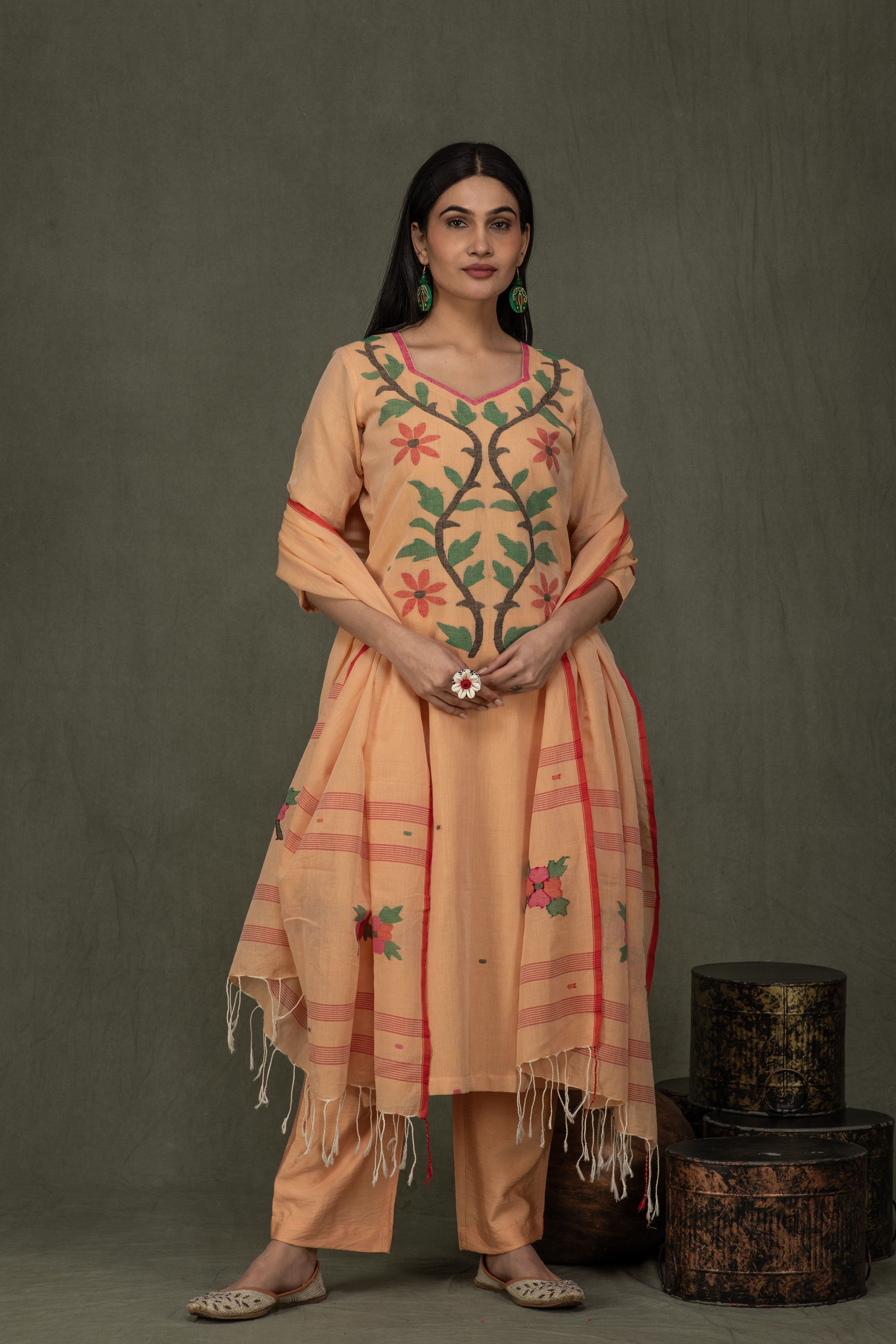 Hand Made Pure Jamdani Floral Soft and Fine Cotton Kurta with Pant and Dupatta PA 30