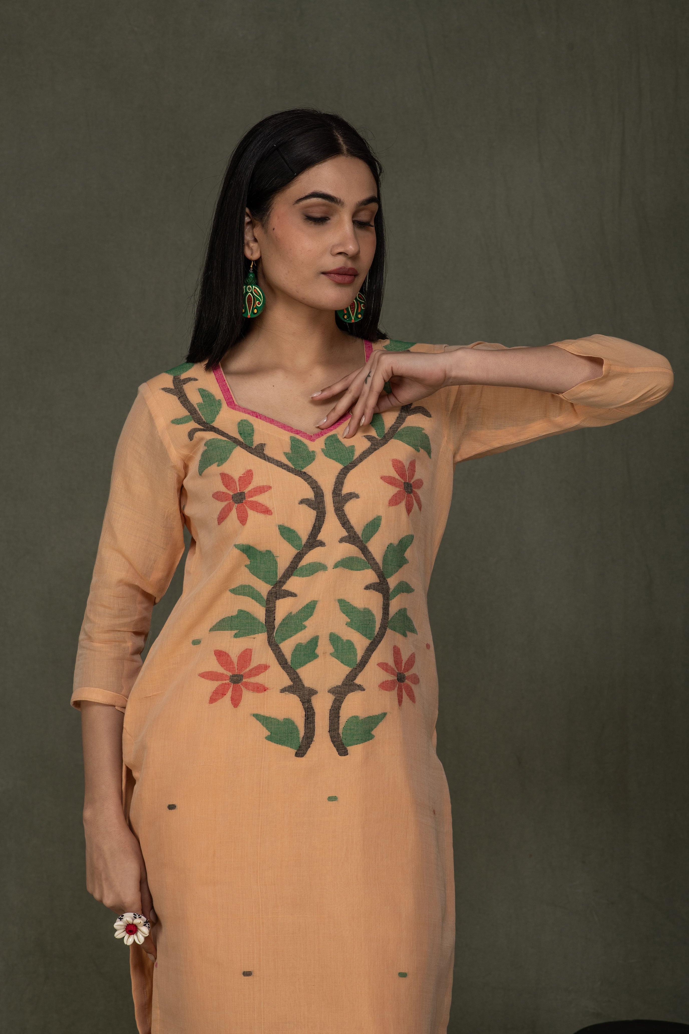 Hand Made Pure Jamdani Floral Soft and Fine Cotton Kurta with Pant and Dupatta PA 30