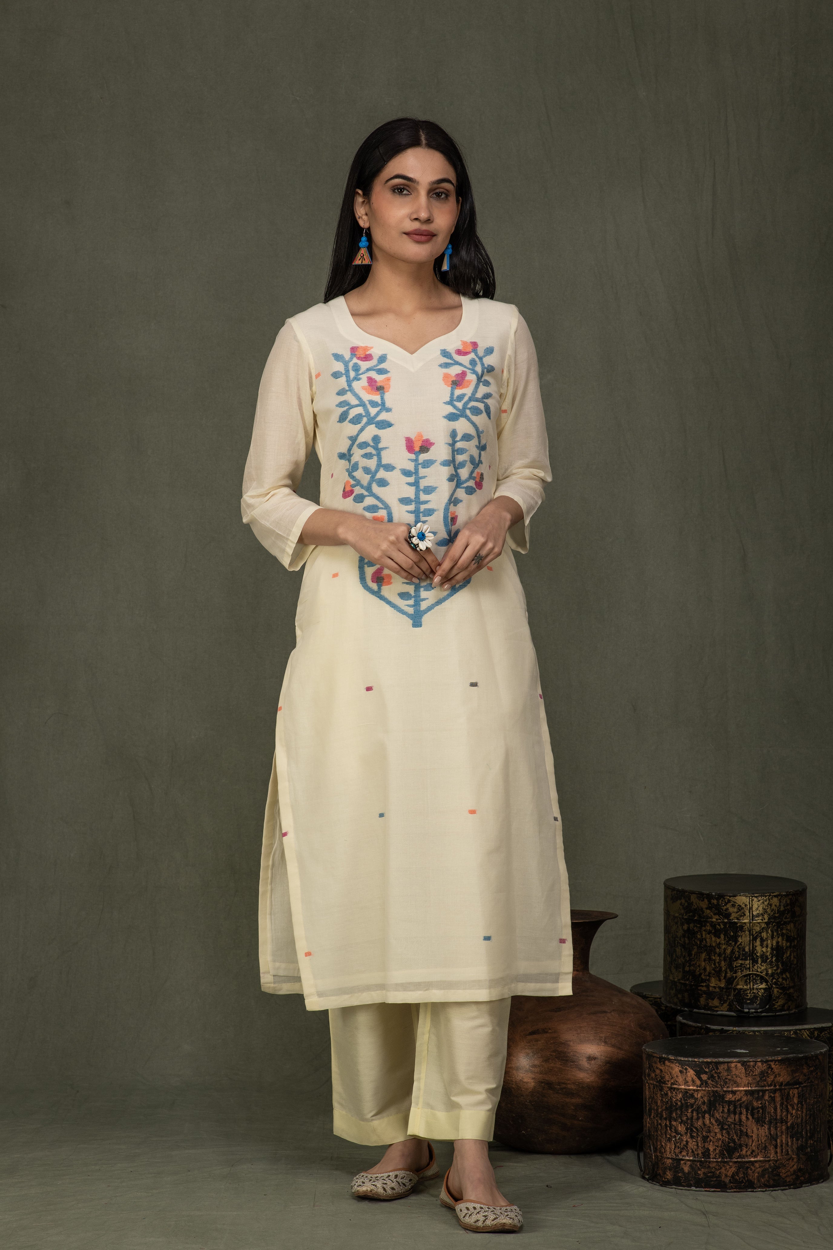 Hand Made Pure Jamdani Floral Soft and Fine Cotton Kurta with Pant and Dupatta PA 31
