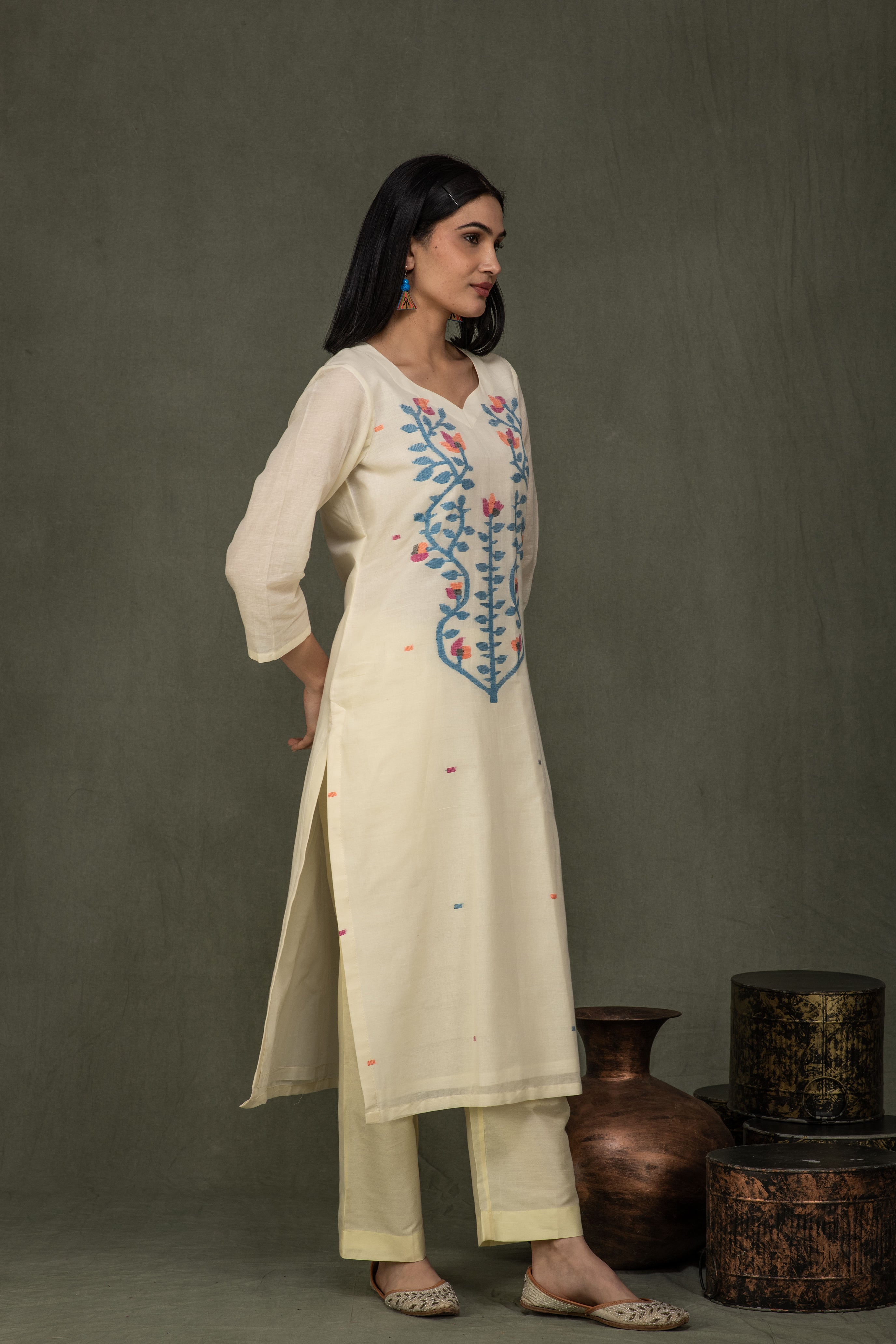 Hand Made Pure Jamdani Floral Soft and Fine Cotton Kurta with Pant and Dupatta PA 31